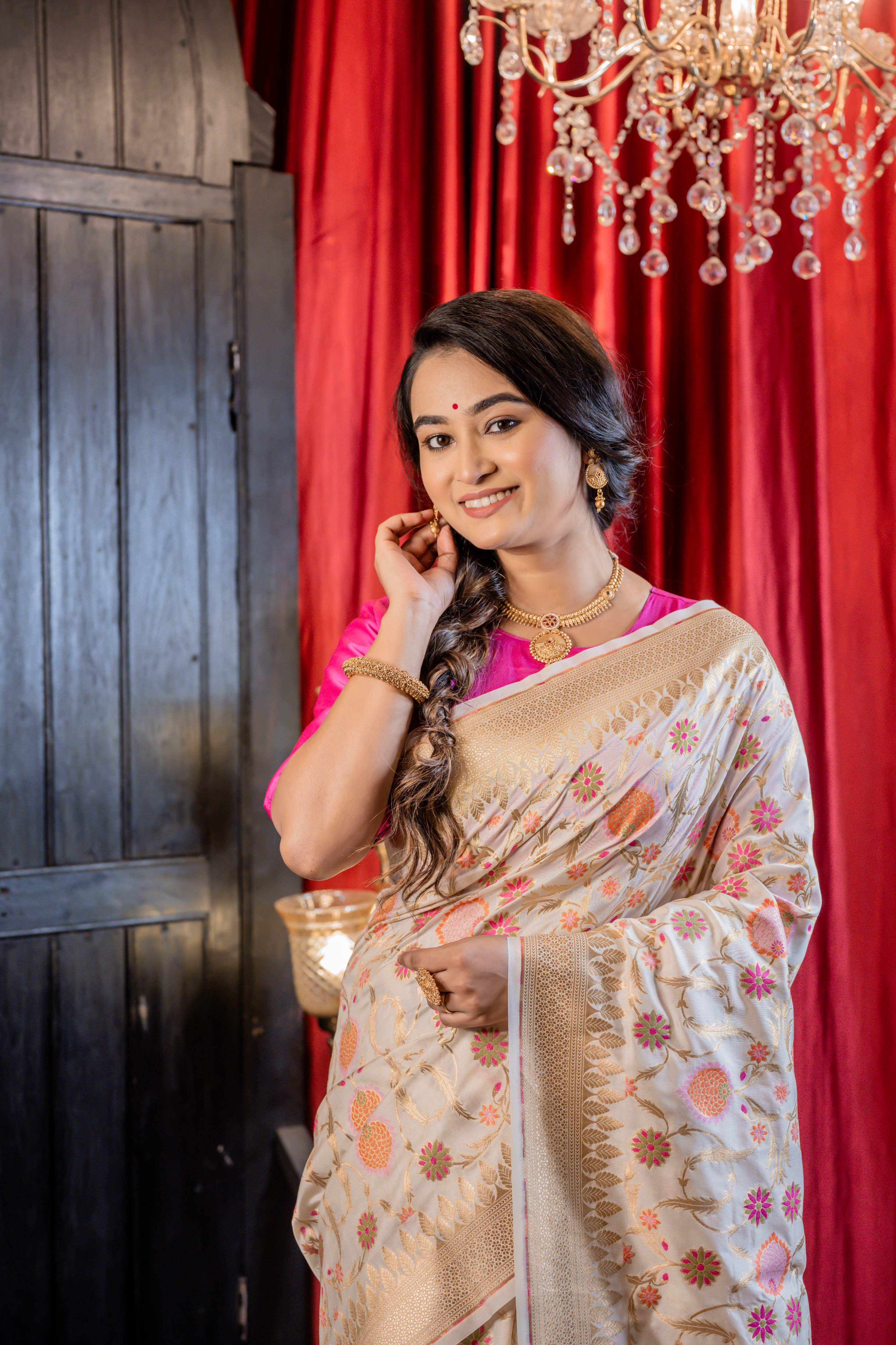 Bahar || Off-White Soft Katan Banarasi Saree with all over multi-colour Floral Jamawar design and Jaal in Golden Zari