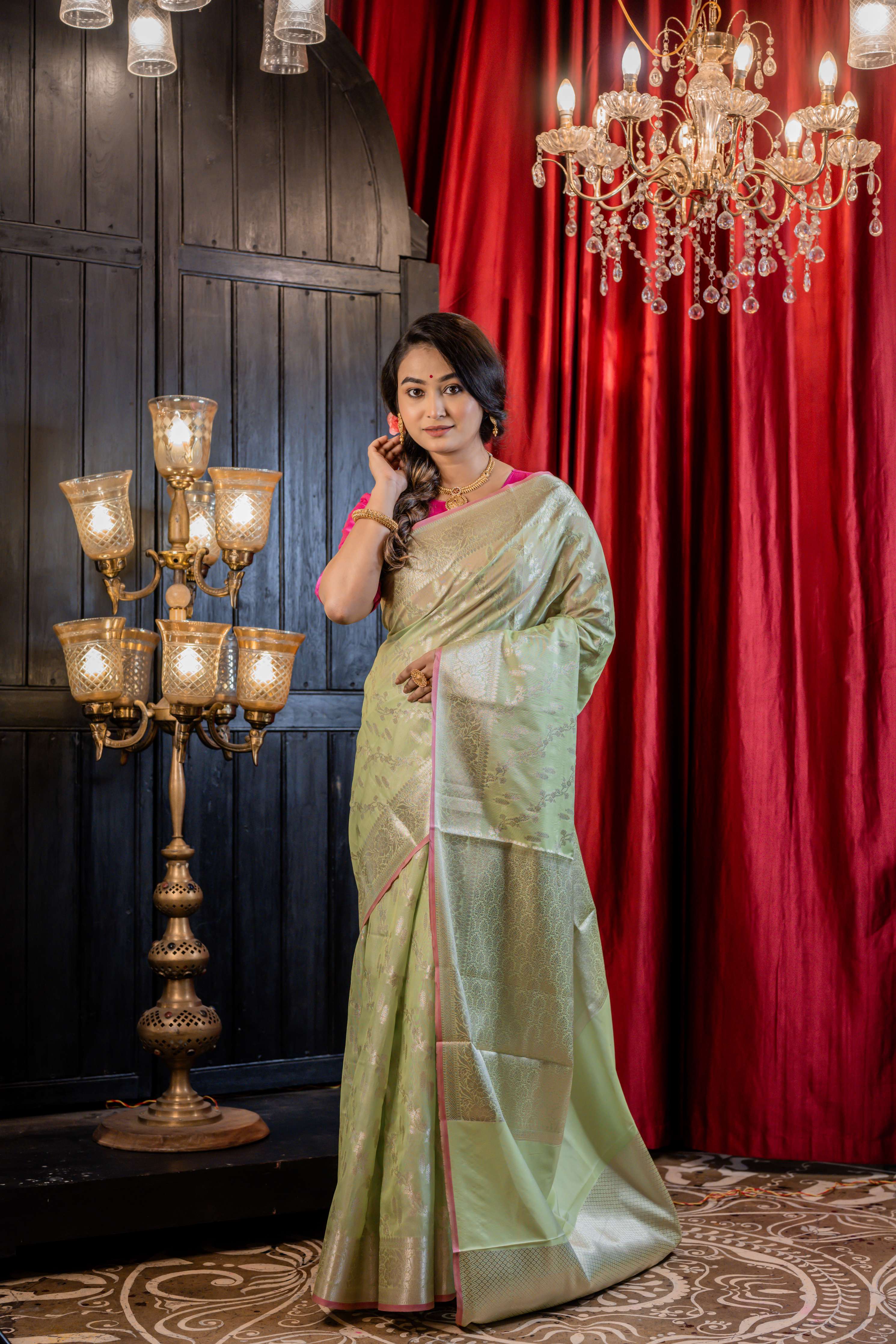 Pallavi || Pista Green Cotton Silk Banarasi Saree All Over Jaal & Buta in Silver Zari