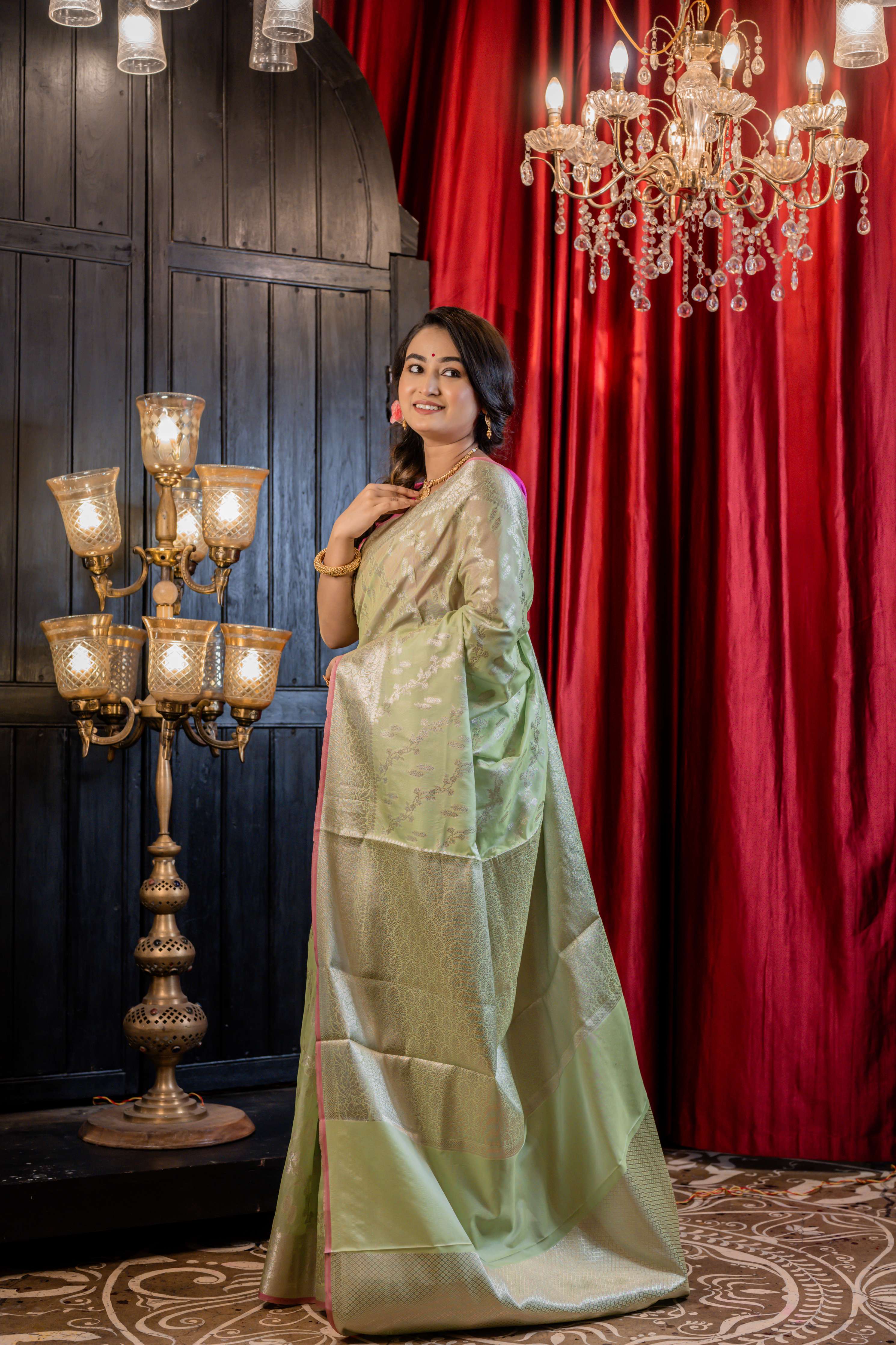 Pallavi || Pista Green Cotton Silk Banarasi Saree All Over Jaal & Buta in Silver Zari