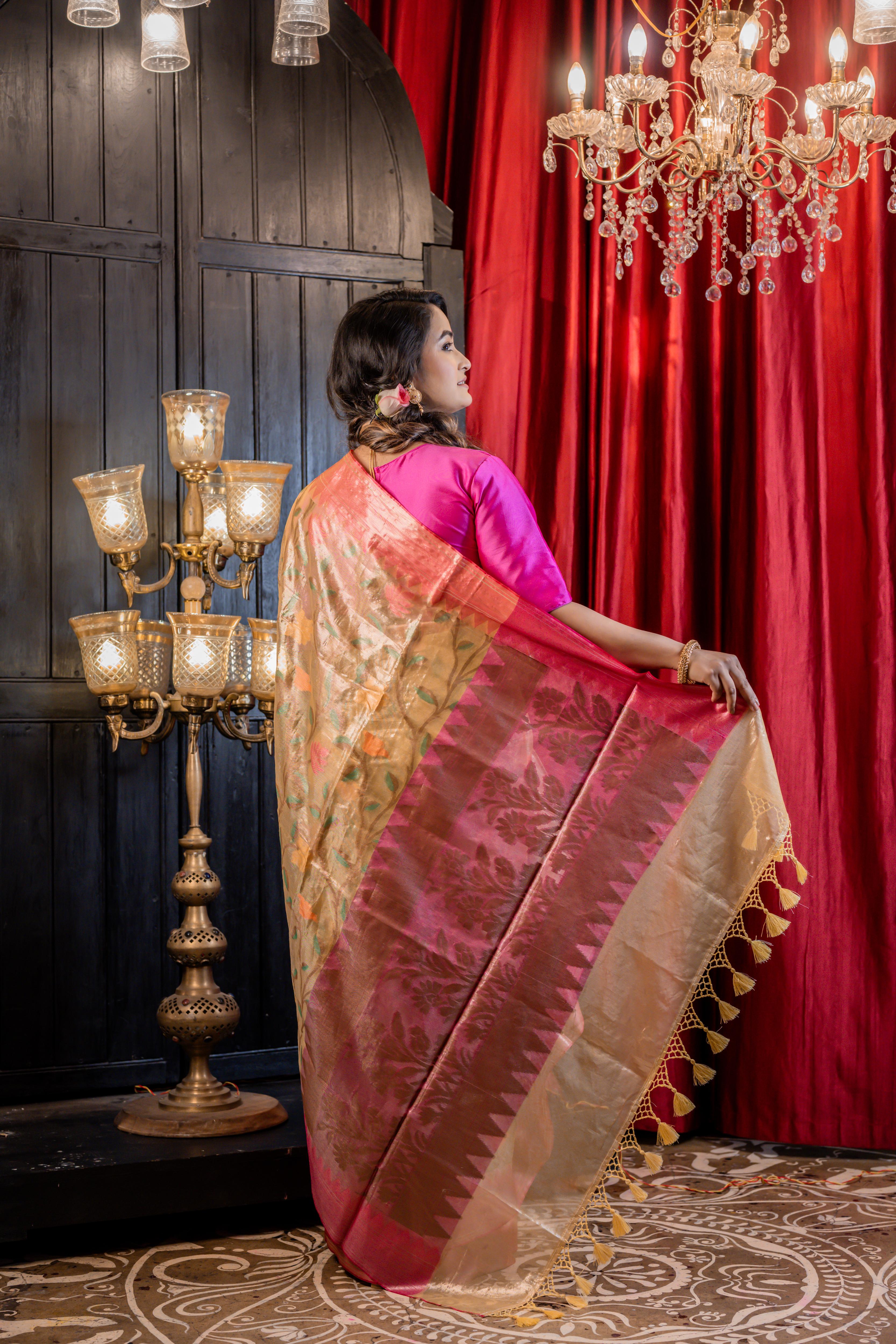Ishya || Light Gold Pure Tissue Banarasi Handloom Saree with all over Multi-colour Floral Jaal, Magenta Pink border & Antique Gold Pallu