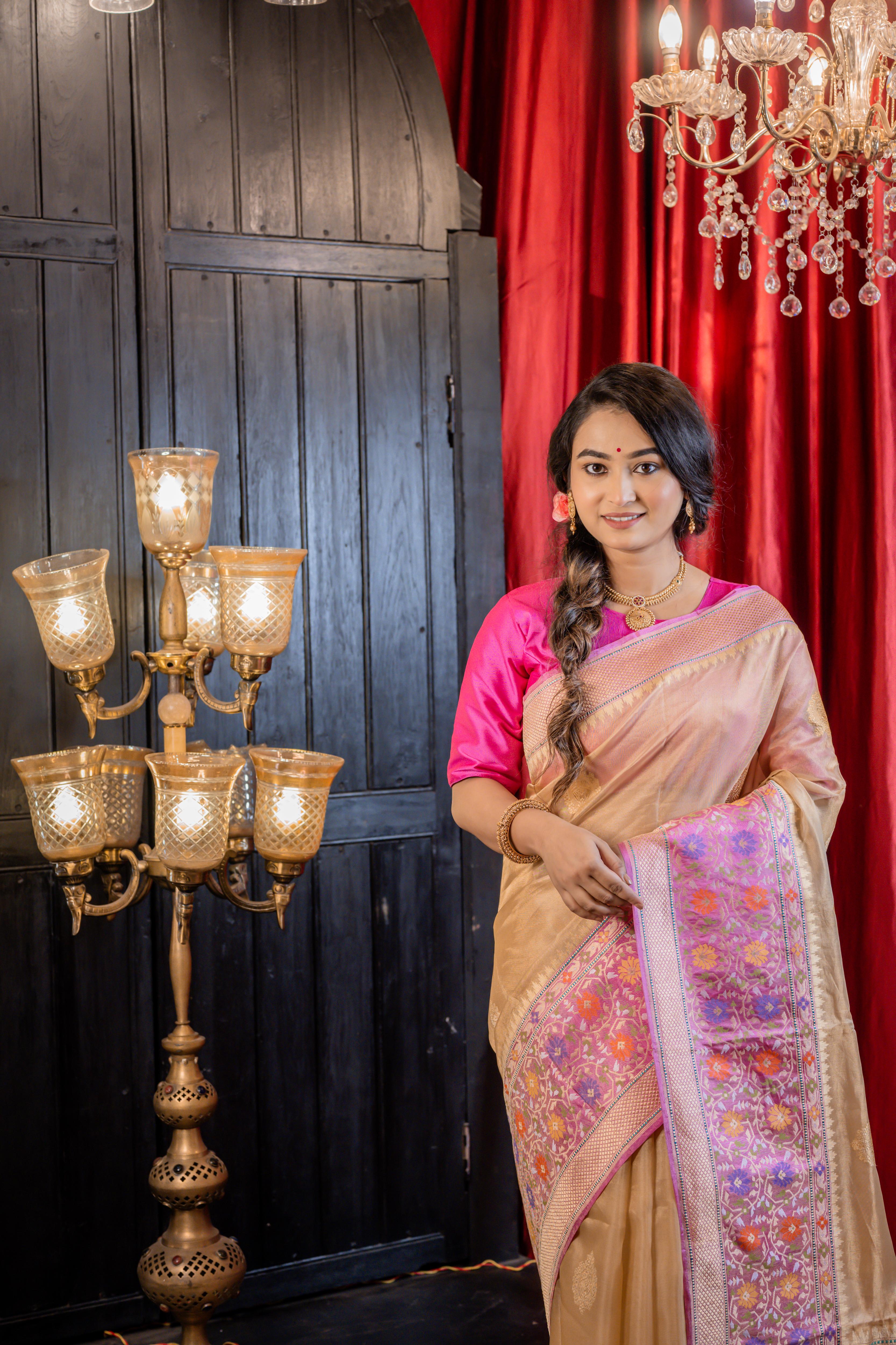 Kanaka || Light Golden & Peach Brown dual tone Pure Tissue Handloom Silk Banarasi Saree with all over Gold Zari Buta and Onion Pink Meenakari Floral Paithani Border