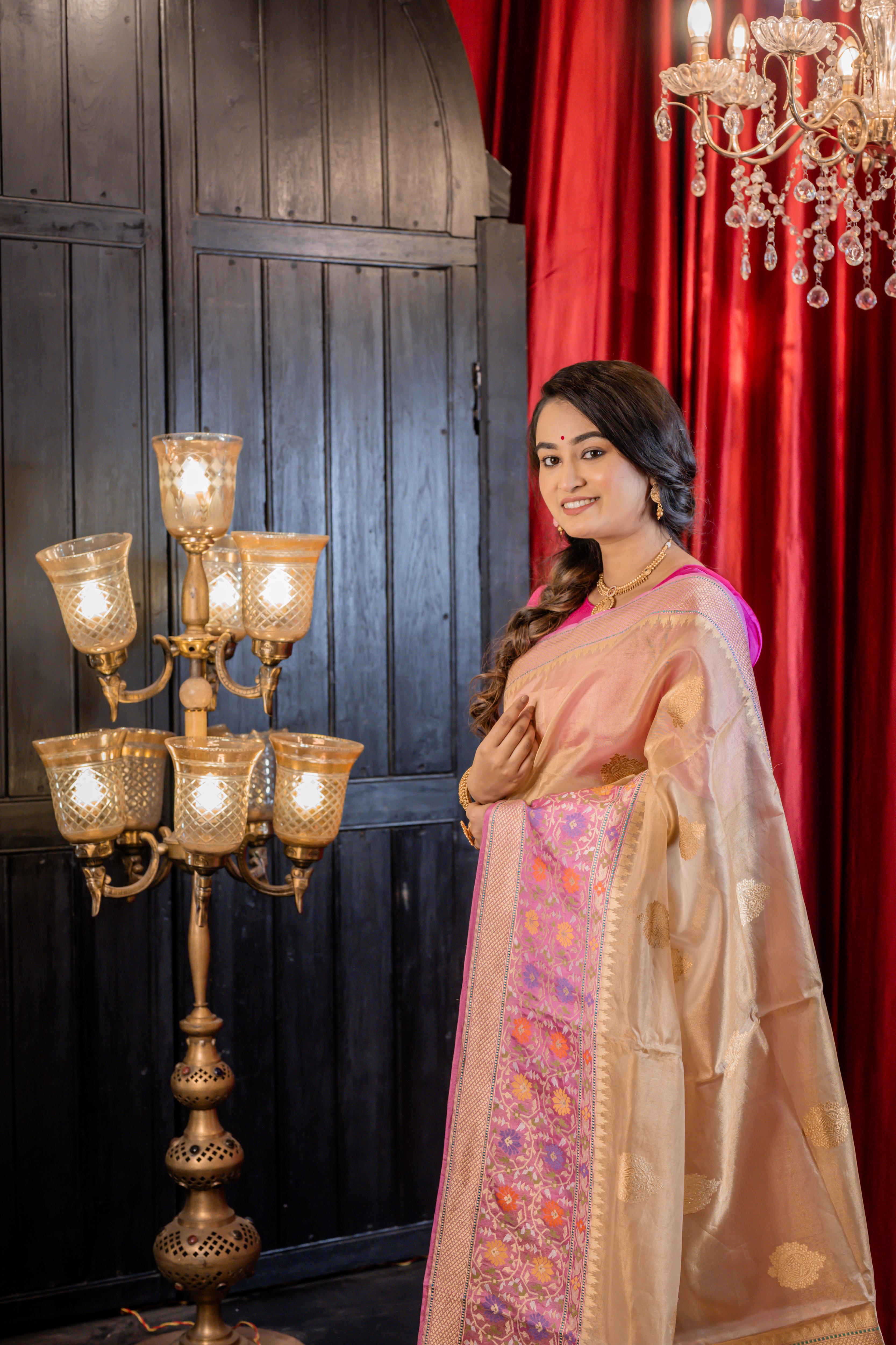 Kanaka || Light Golden & Peach Brown dual tone Pure Tissue Handloom Silk Banarasi Saree with all over Gold Zari Buta and Onion Pink Meenakari Floral Paithani Border