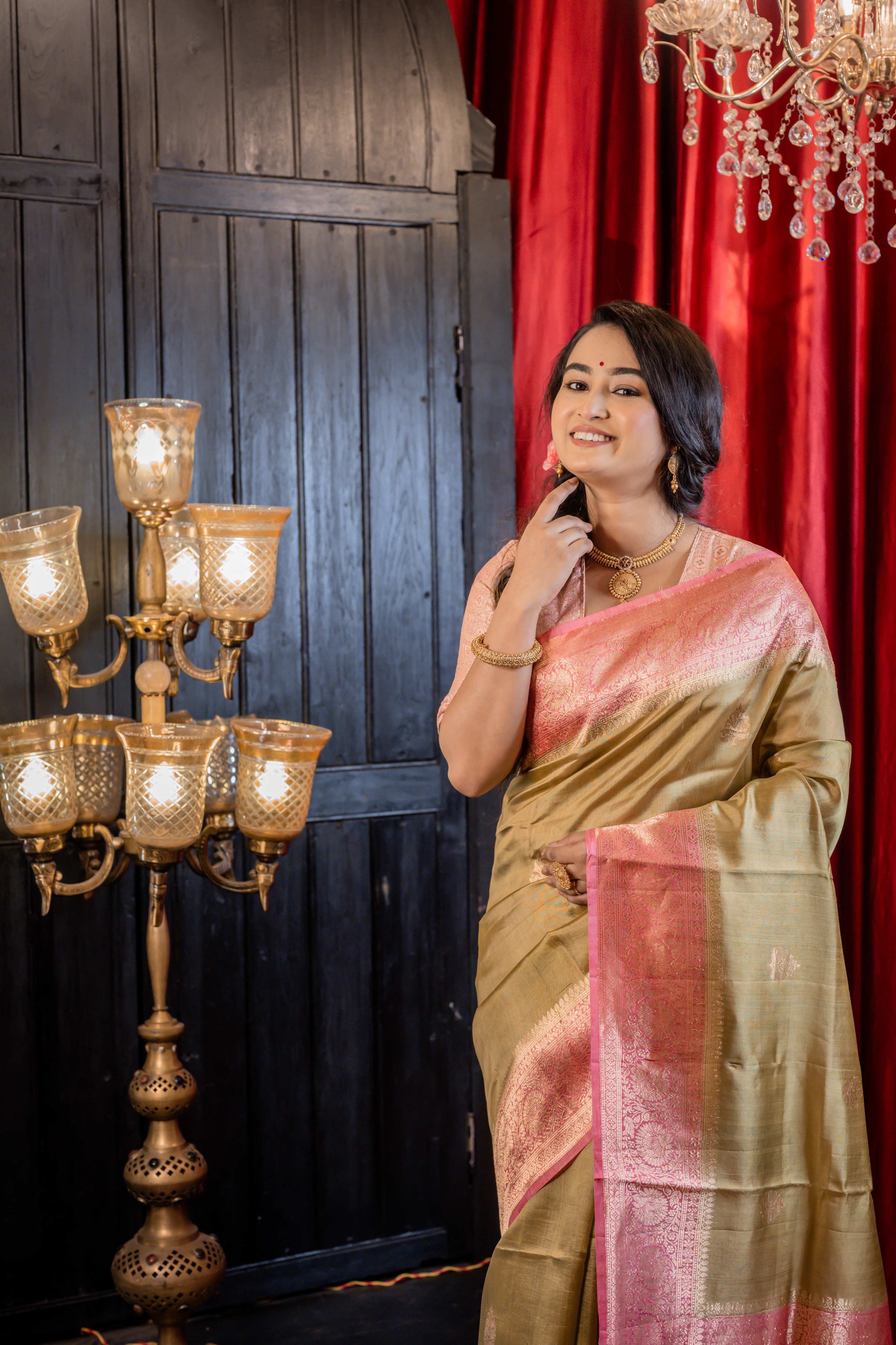 Hema || Light Golden Olive Pure Raw Mango Silk Handloom Banarasi Saree with all over Antique Gold Zari Kadhua Buta and French Dusty Rose Pink border