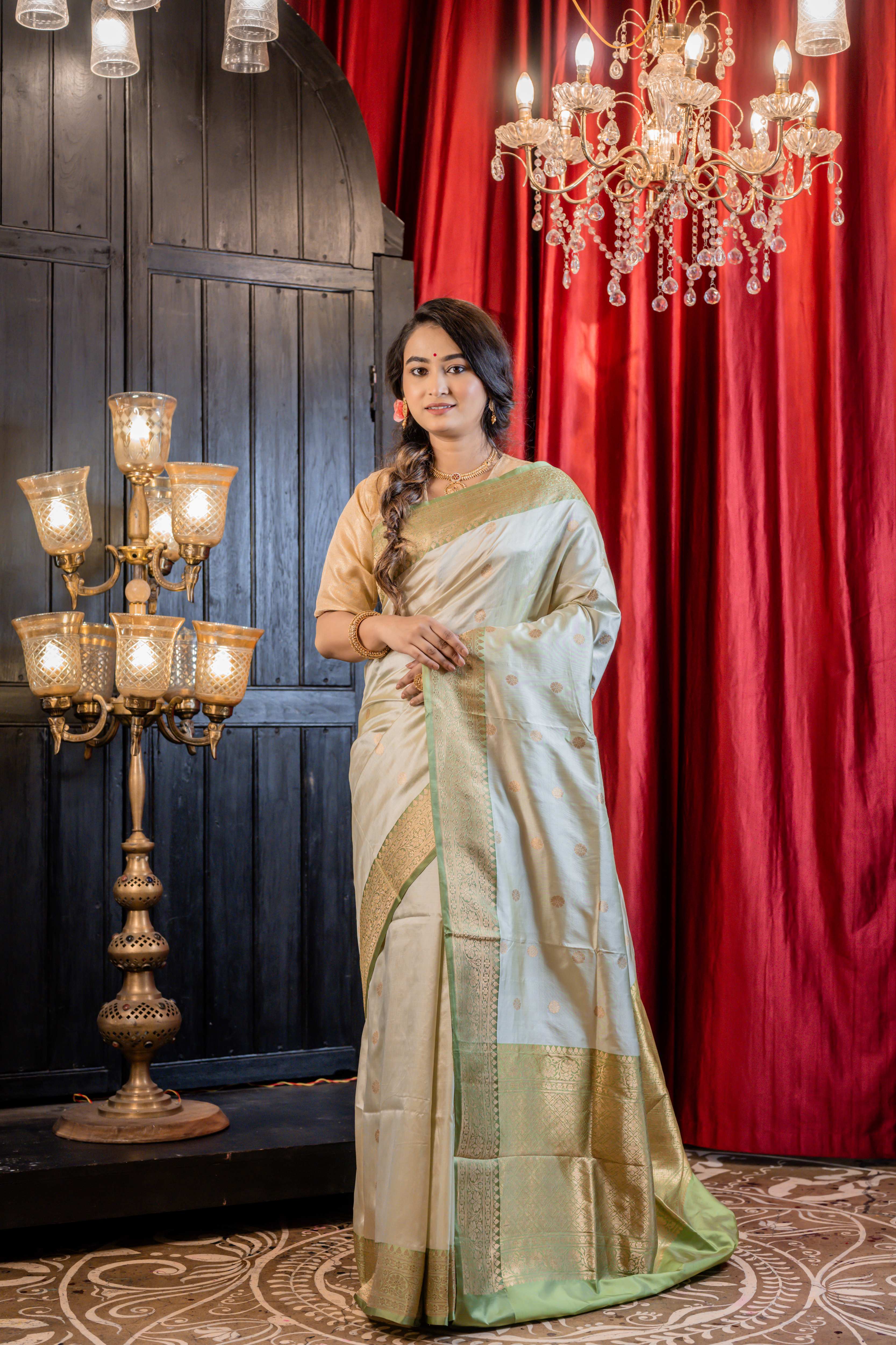 Vaidehi || Mint Green Pure Katan Handloom Banarasi Saree with all over Gold Zari Kadhua Buta and Pastel Green border