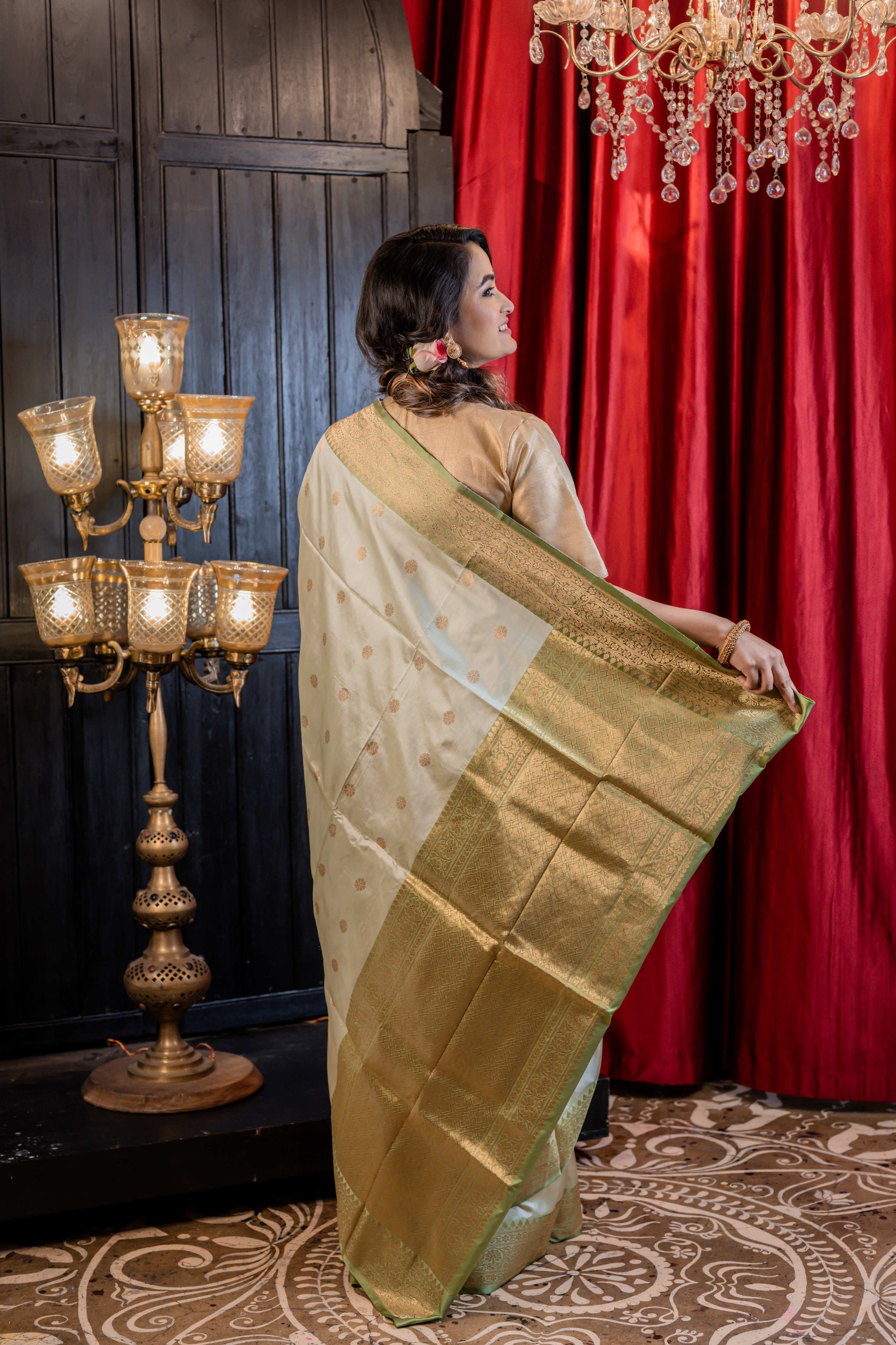 Vaidehi || Mint Green Pure Katan Handloom Banarasi Saree with all over Gold Zari Kadhua Buta and Pastel Green border