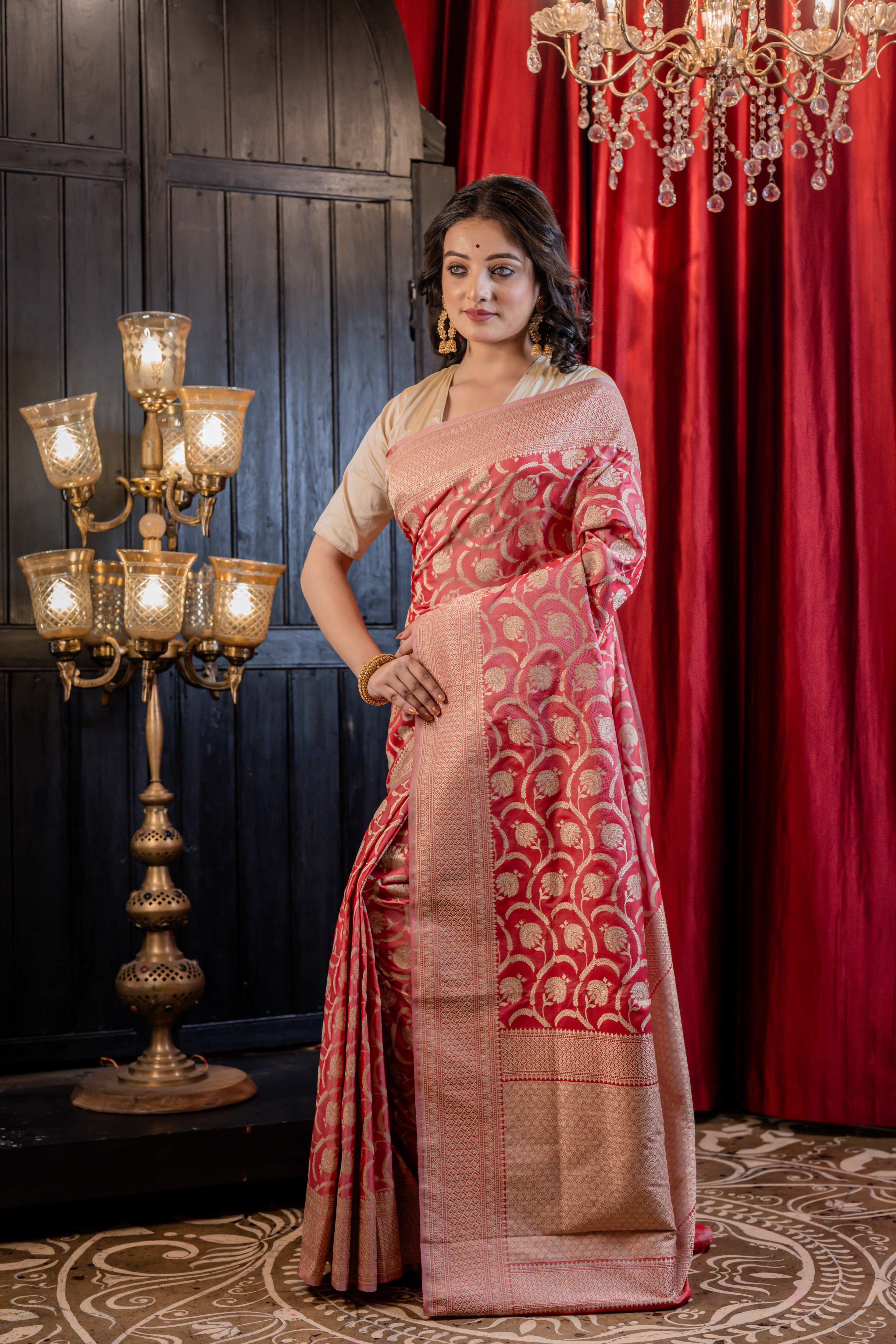 Mugdha || Coral Pink Matka Silk Banarasi Saree with all over woven Matte Gold Zari Floral Jaal
