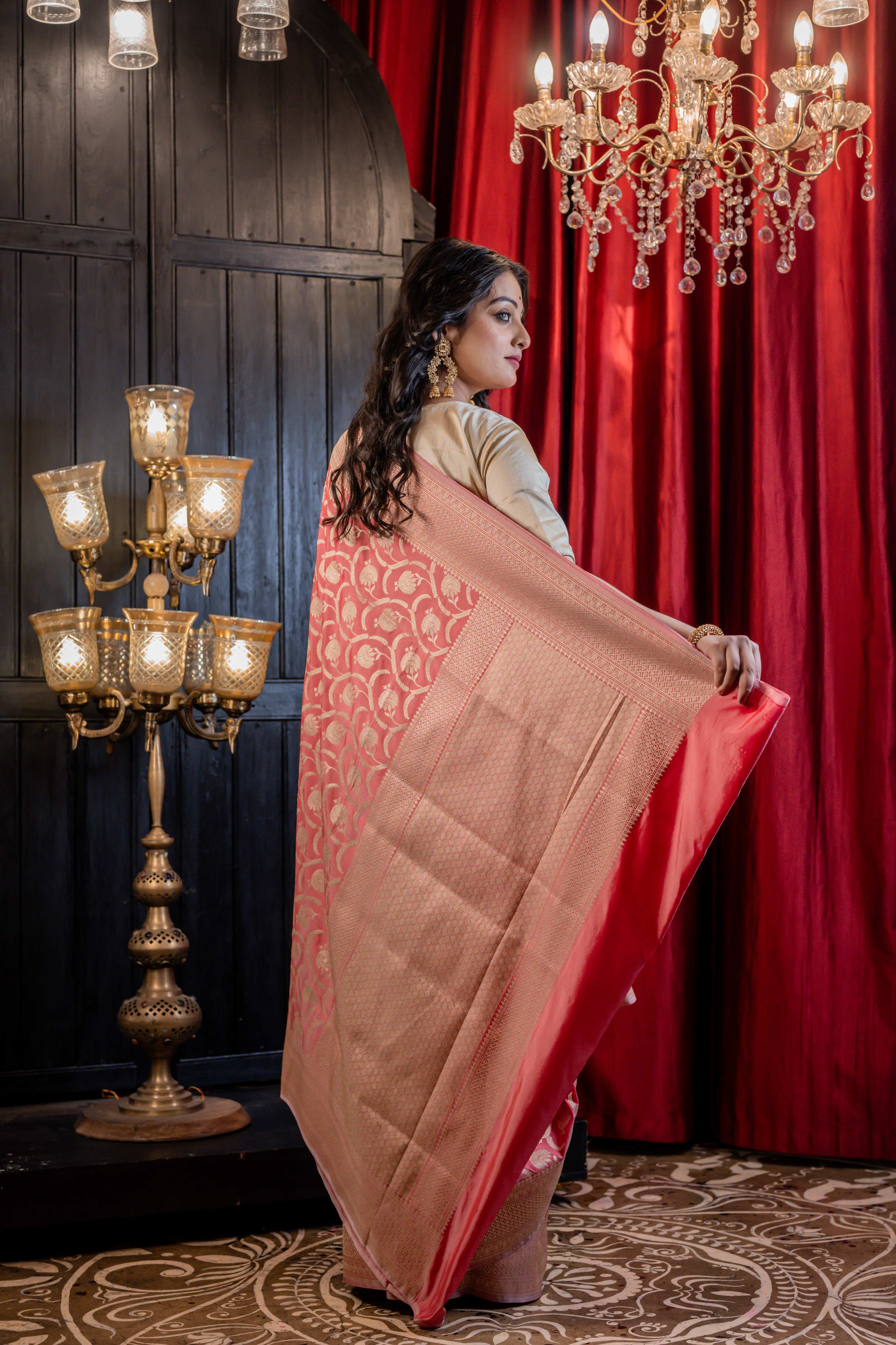 Mugdha || Coral Pink Matka Silk Banarasi Saree with all over woven Matte Gold Zari Floral Jaal