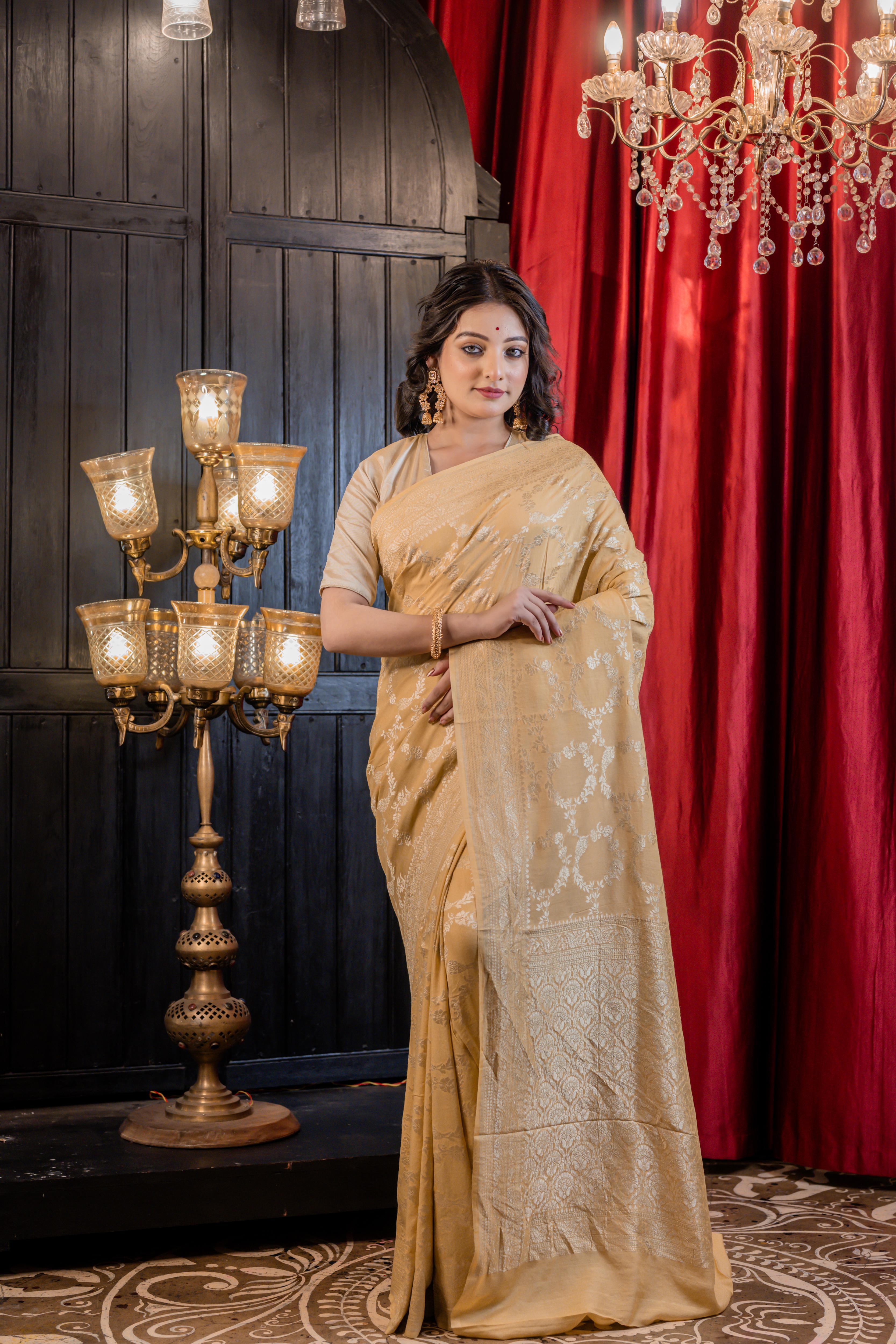 Rohana || Light Beige Khaddi Munga Banarasi Saree with all over Jangla in Matte Gold Zari