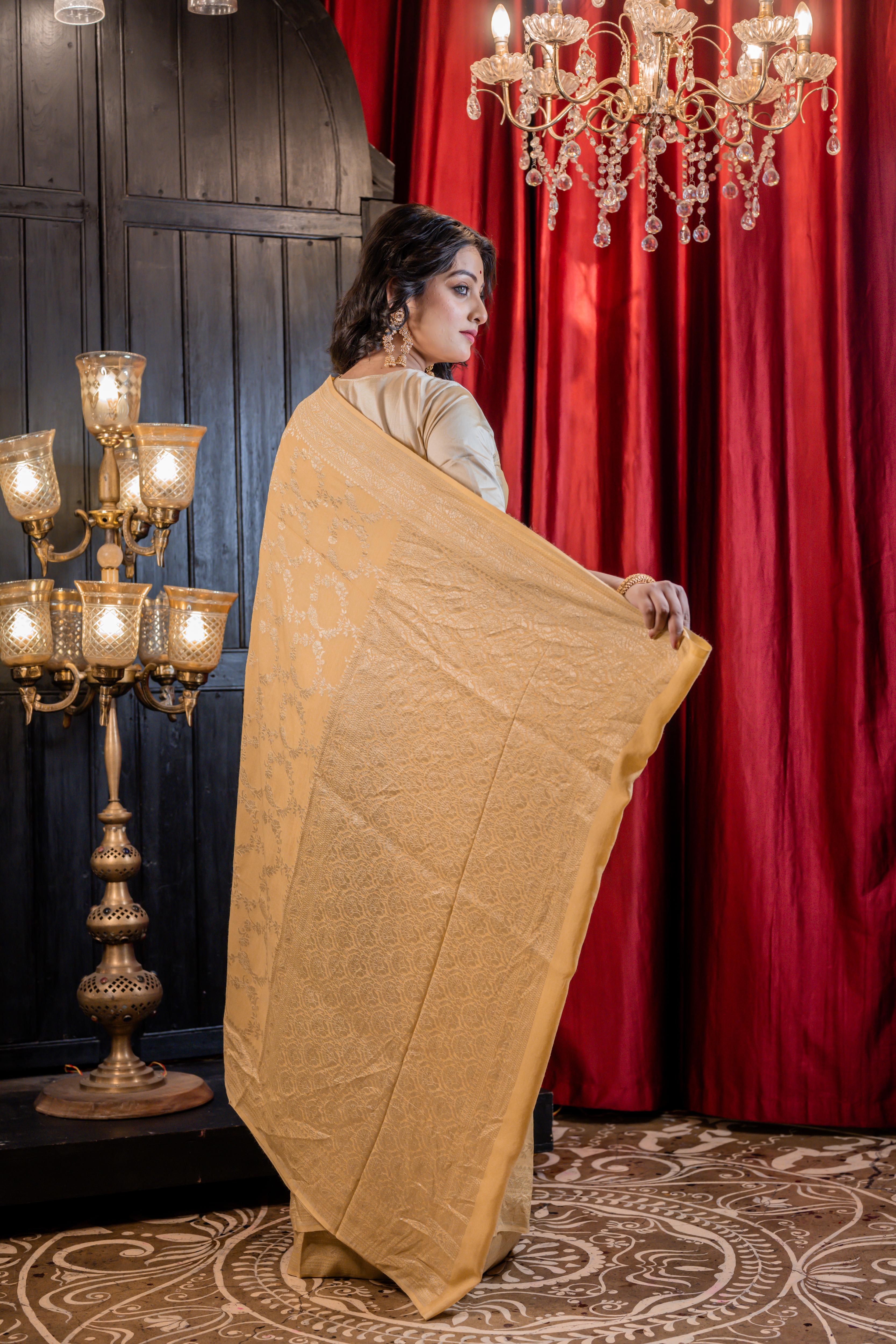 Rohana || Light Beige Khaddi Munga Banarasi Saree with all over Jangla in Matte Gold Zari