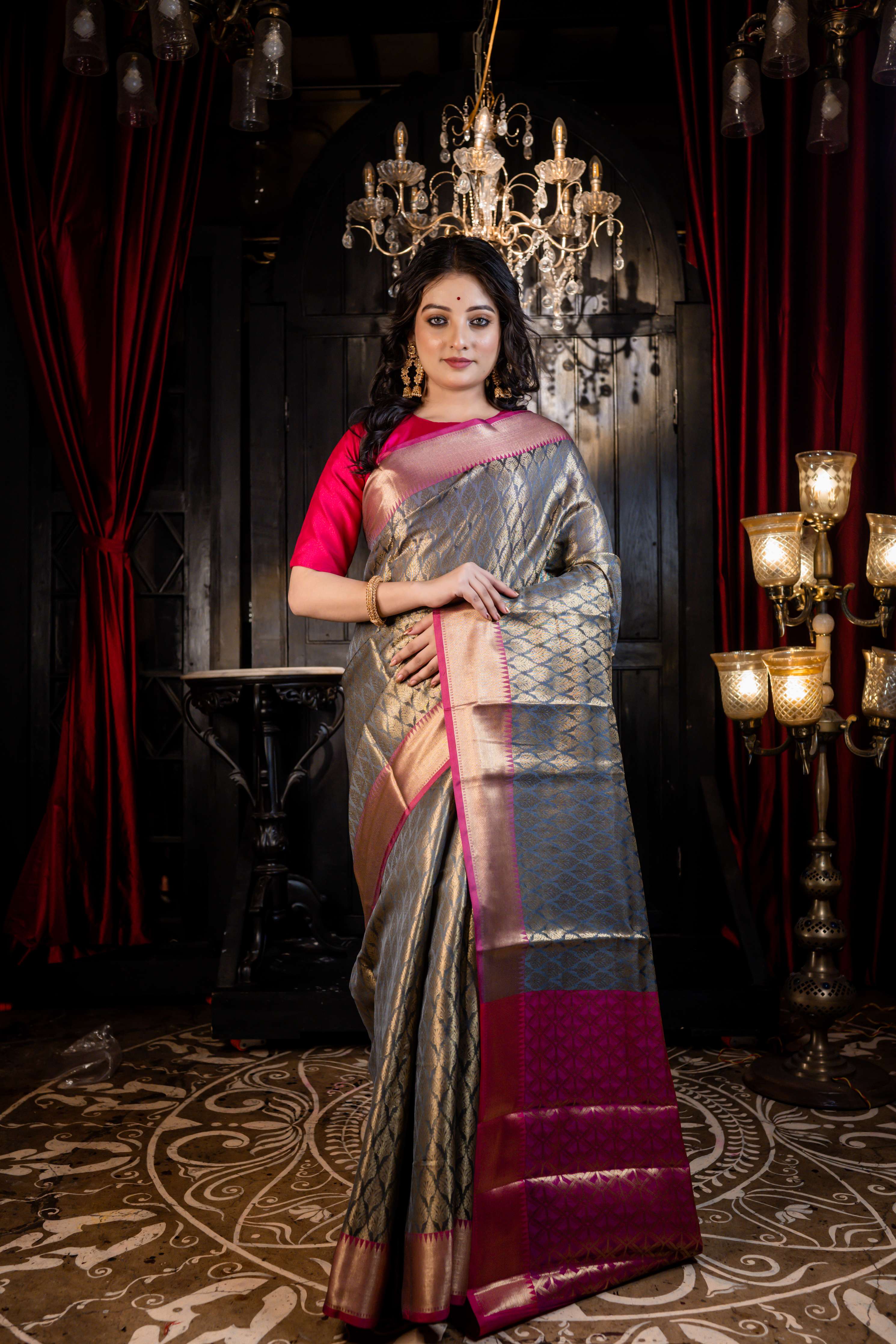 Avartan || Grey Soft Silk Banarasi Saree with all over Buta in Golden Zari and dull Magenta border