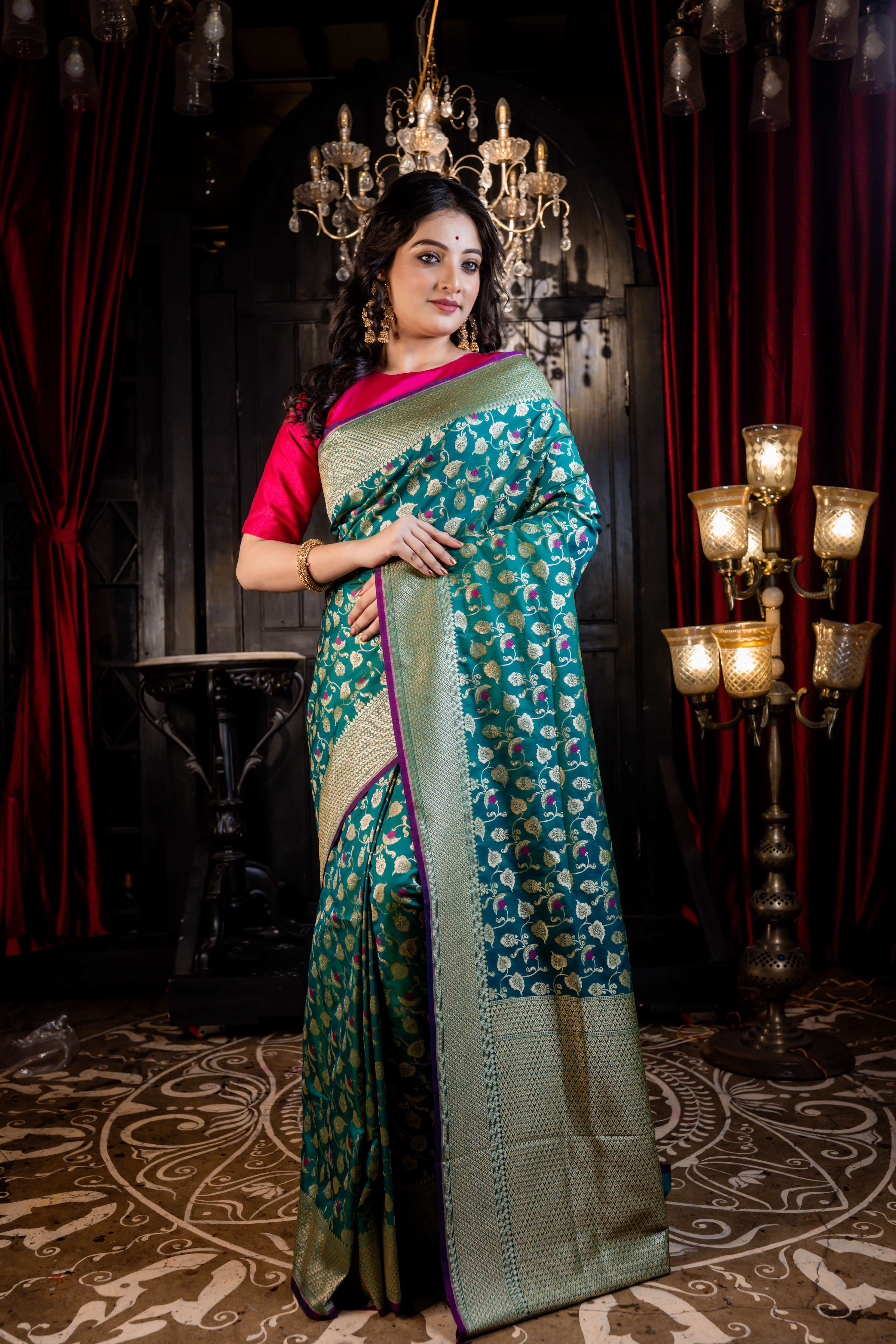 Harita || Bottle Green Matka Silk Banarasi Saree with all over Golden Zari Leaf Jaal and Magenta Meenakari Buti