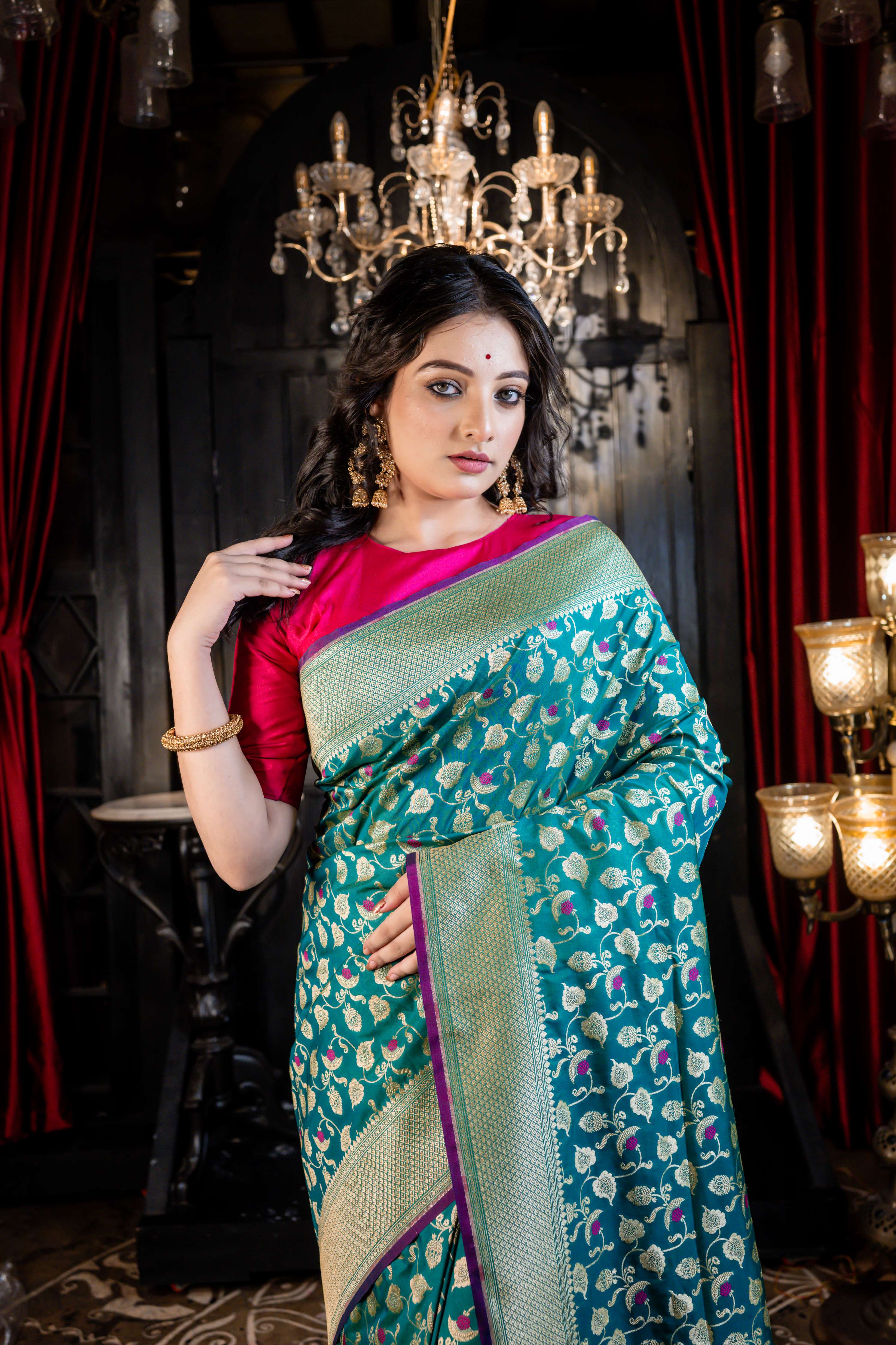 Harita || Bottle Green Matka Silk Banarasi Saree with all over Golden Zari Leaf Jaal and Magenta Meenakari Buti