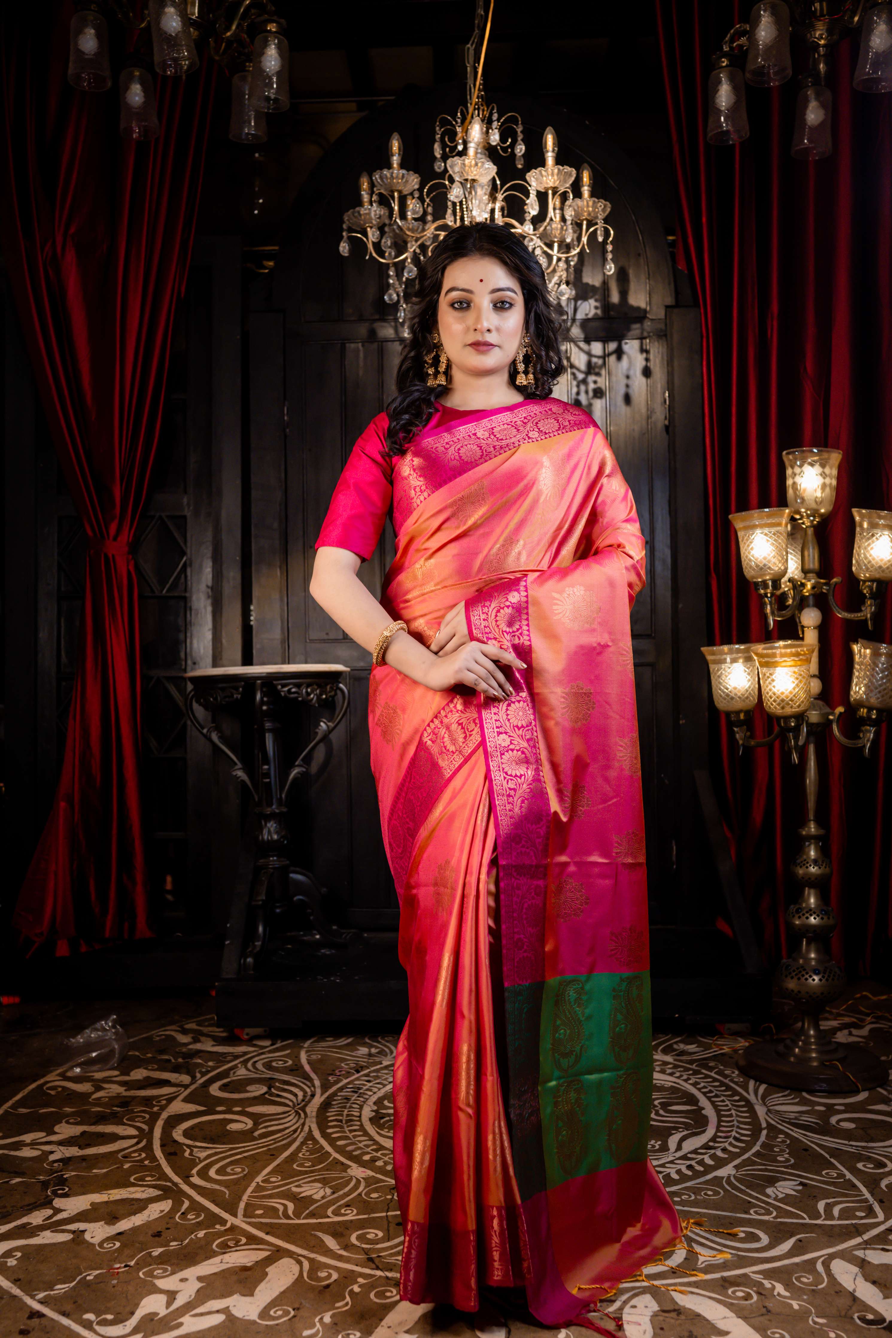 Gulika || Orange & Mustard Yellow dual-tone Soft Silk Banarasi Saree with all over Buta in Copper Zari and Magenta Pink Floral motif Zari border