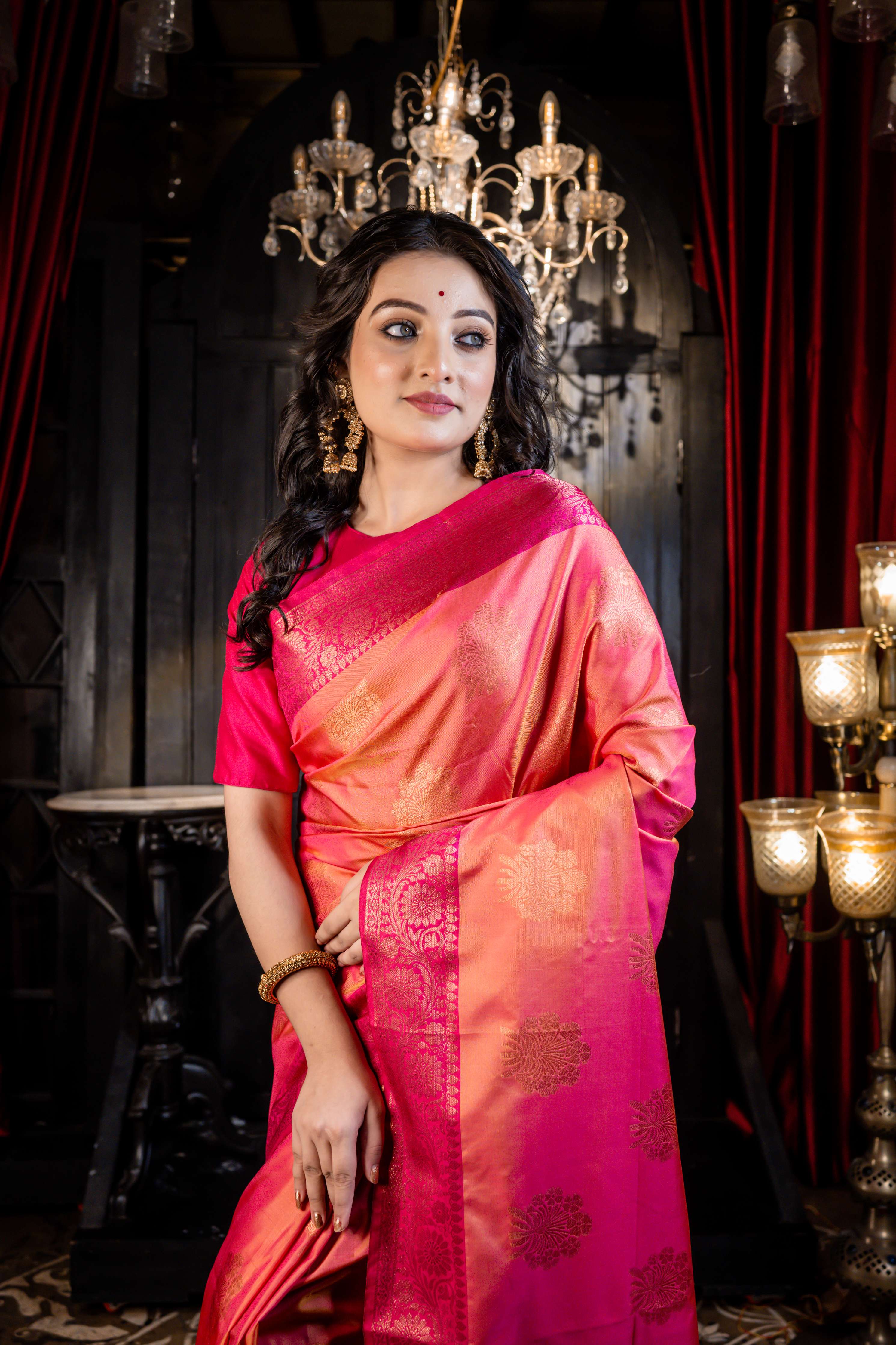 Gulika || Orange & Mustard Yellow dual-tone Soft Silk Banarasi Saree with all over Buta in Copper Zari and Magenta Pink Floral motif Zari border