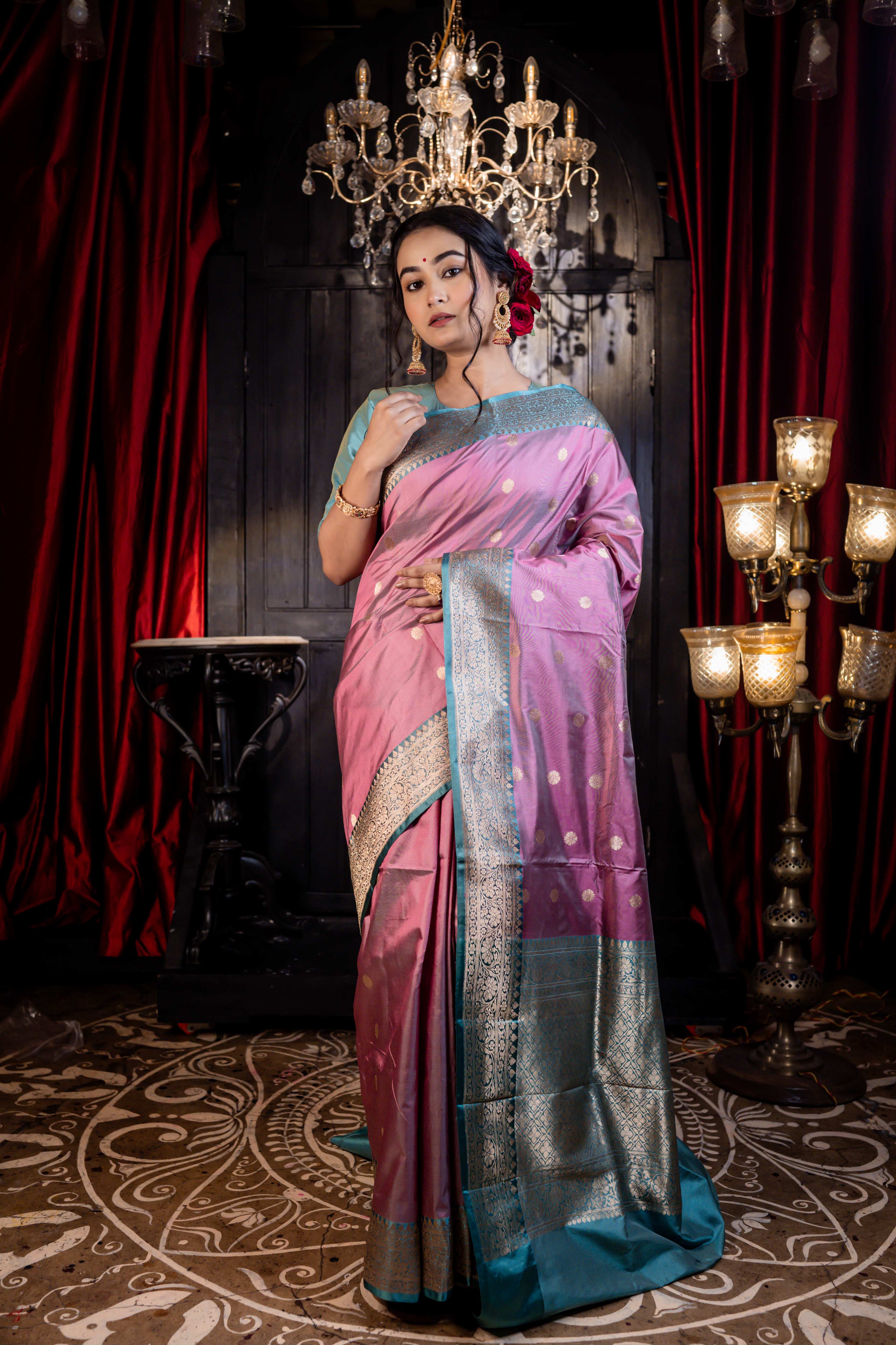 Saanvi || Dark Pastel Pink & Teal Green dual tone Pure Katan Handloom Banarasi Saree with all over Antique Gold Zari Kadhua Buta and Border