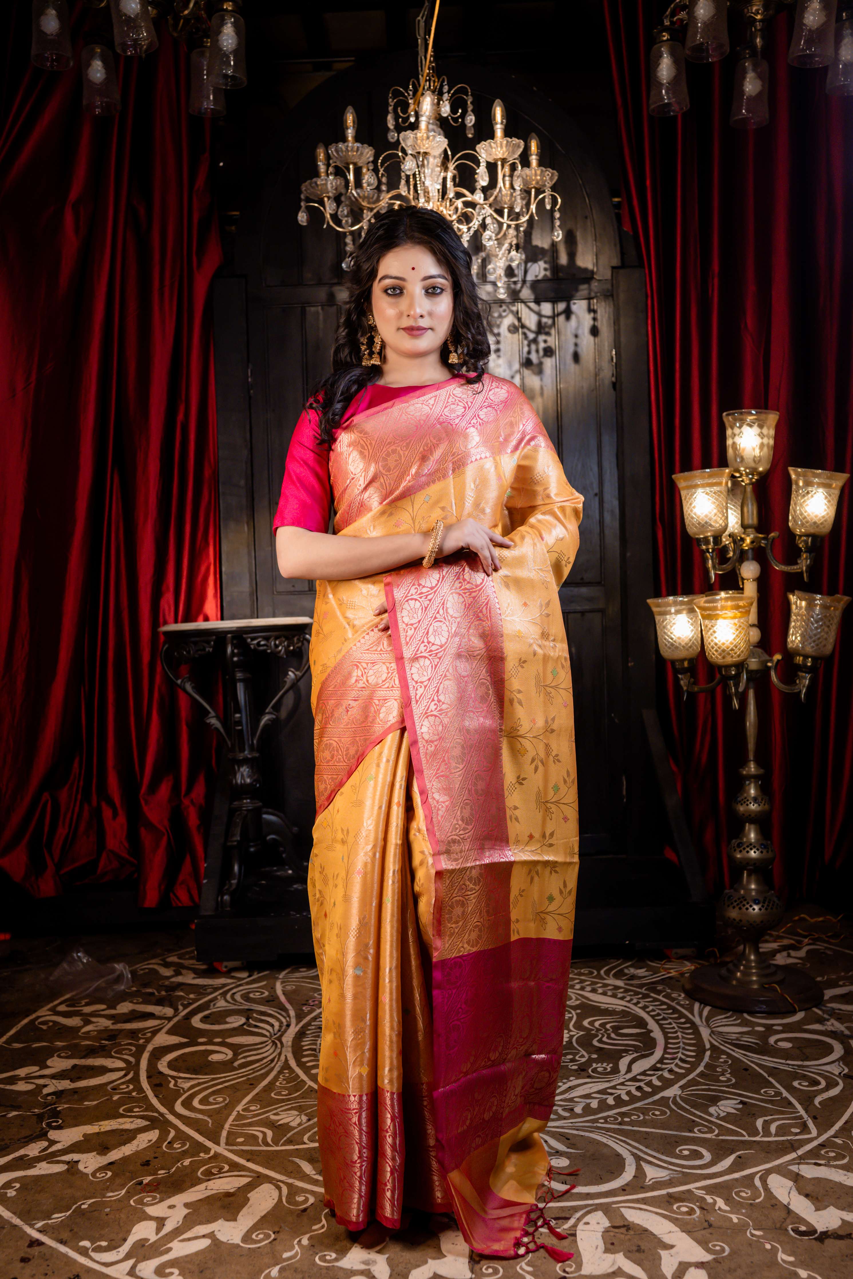 Parnika || Mango Yellow & Gold dual-tone Soft Silk Banarasi Saree with all over tree motif in multi-colour Resham & Golden Zari with Coral Pink Mahapadh Border