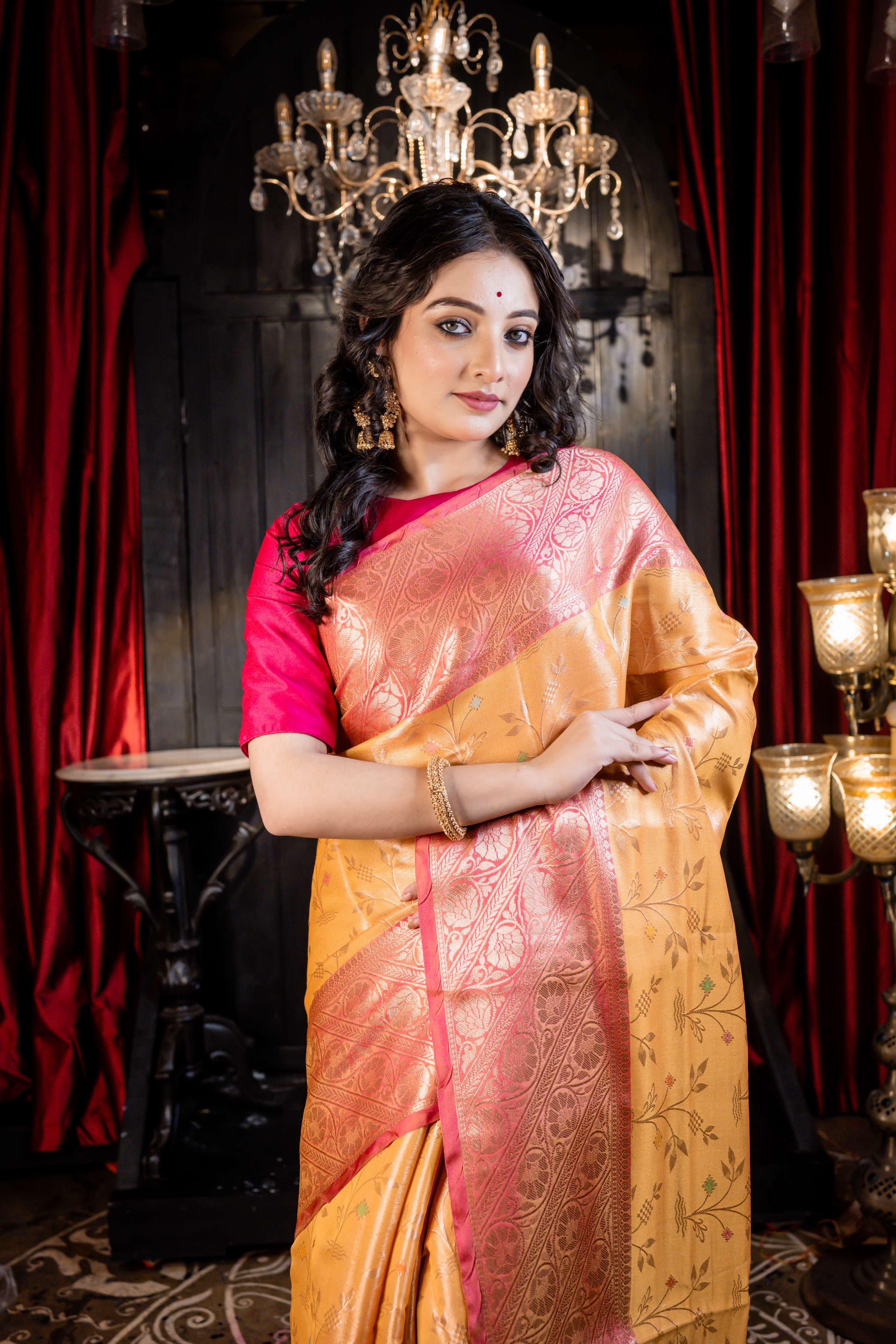 Parnika || Mango Yellow & Gold dual-tone Soft Silk Banarasi Saree with all over tree motif in multi-colour Resham & Golden Zari with Coral Pink Mahapadh Border