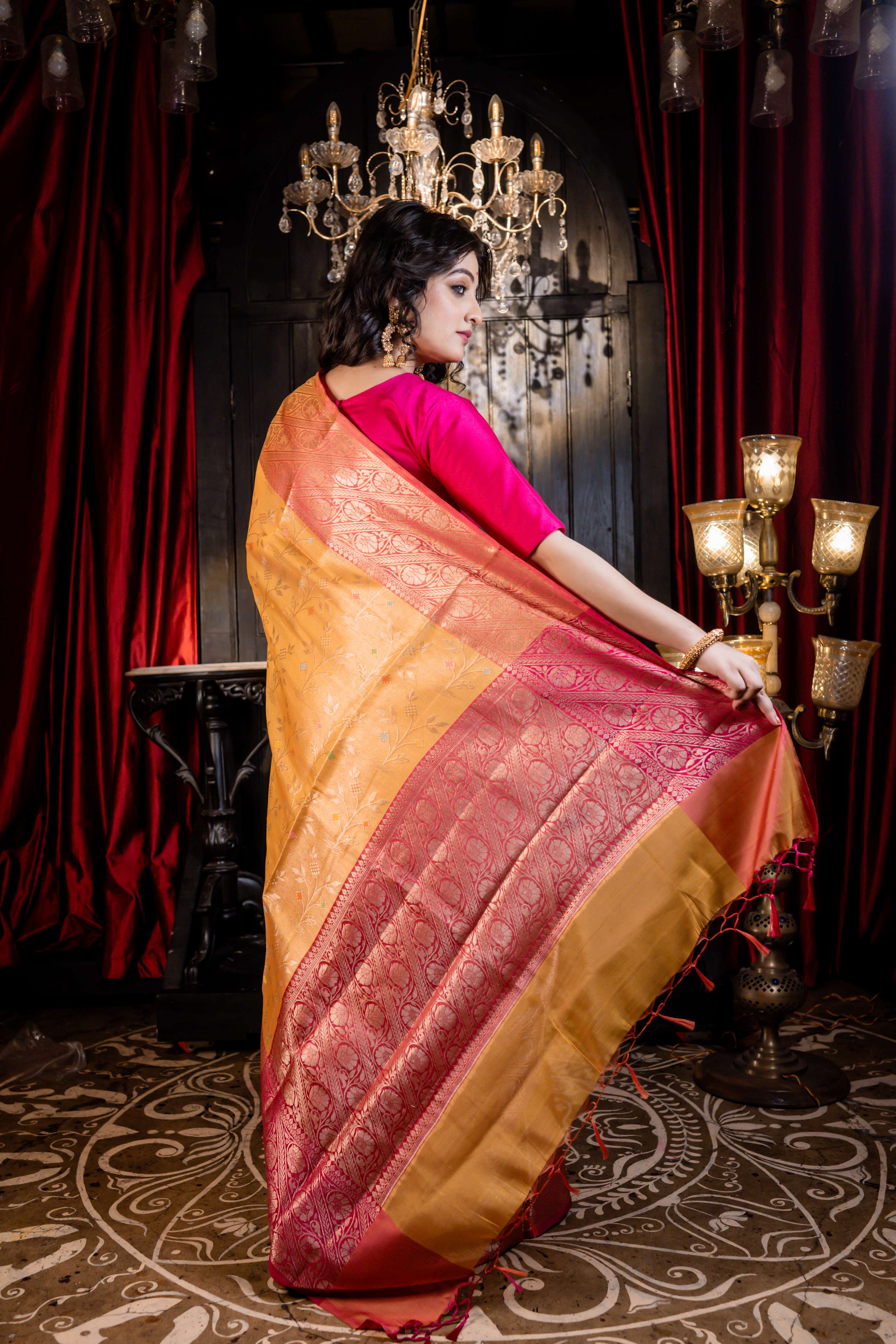 Parnika || Mango Yellow & Gold dual-tone Soft Silk Banarasi Saree with all over tree motif in multi-colour Resham & Golden Zari with Coral Pink Mahapadh Border