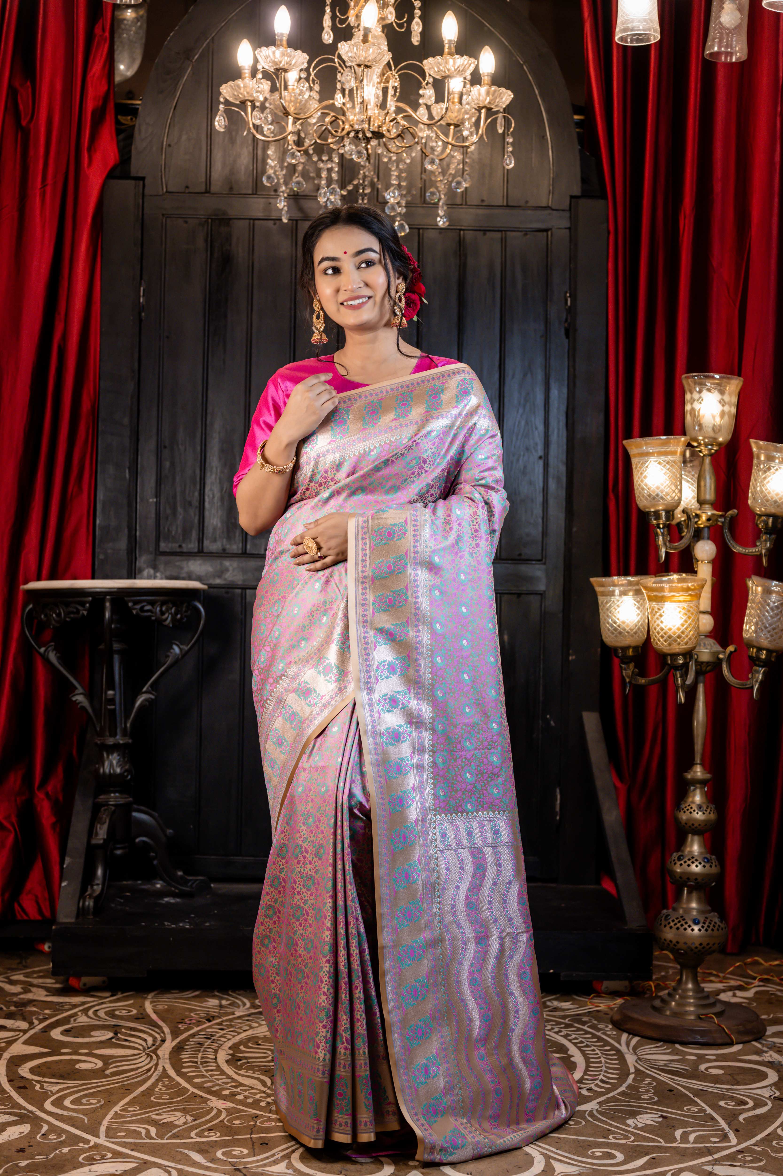 Bhavya || Mauve & Teal Green traditional Banarasi Jamawar Saree on Champagne Gold Katan with all over Matte Gold Zari highlights Buta, Border & Pallu
