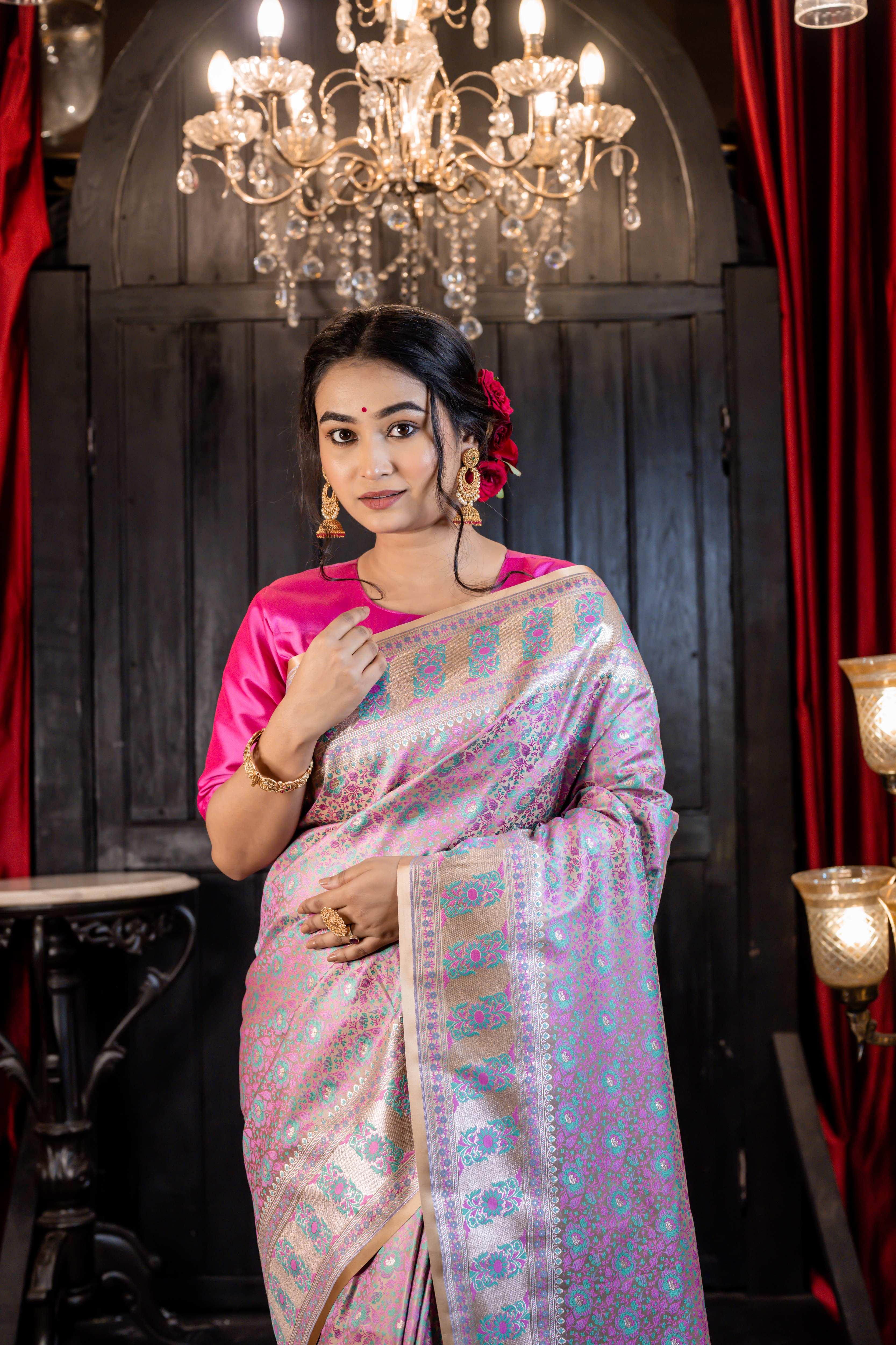 Bhavya || Mauve & Teal Green traditional Banarasi Jamawar Saree on Champagne Gold Katan with all over Matte Gold Zari highlights Buta, Border & Pallu