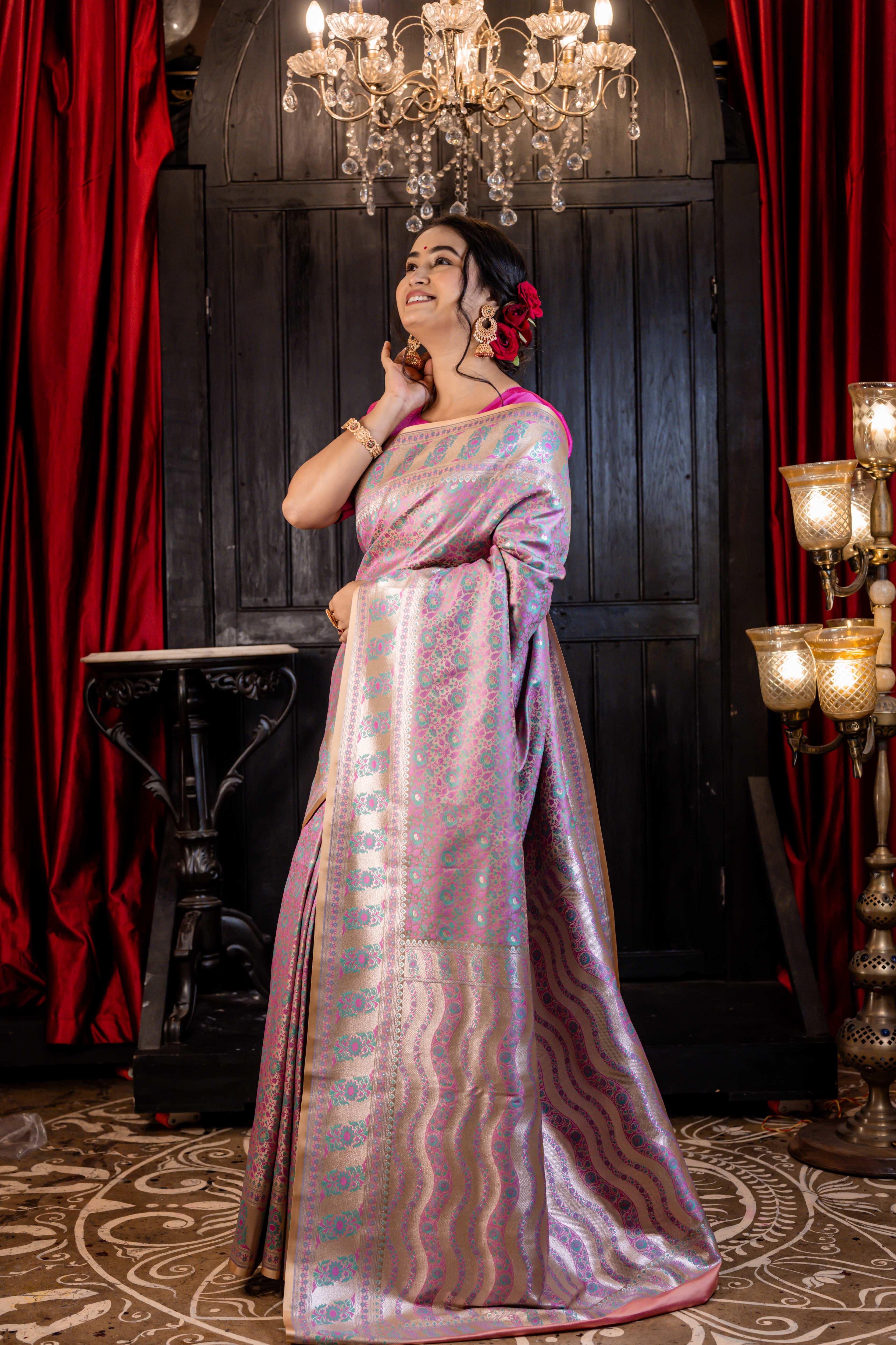 Bhavya || Mauve & Teal Green traditional Banarasi Jamawar Saree on Champagne Gold Katan with all over Matte Gold Zari highlights Buta, Border & Pallu