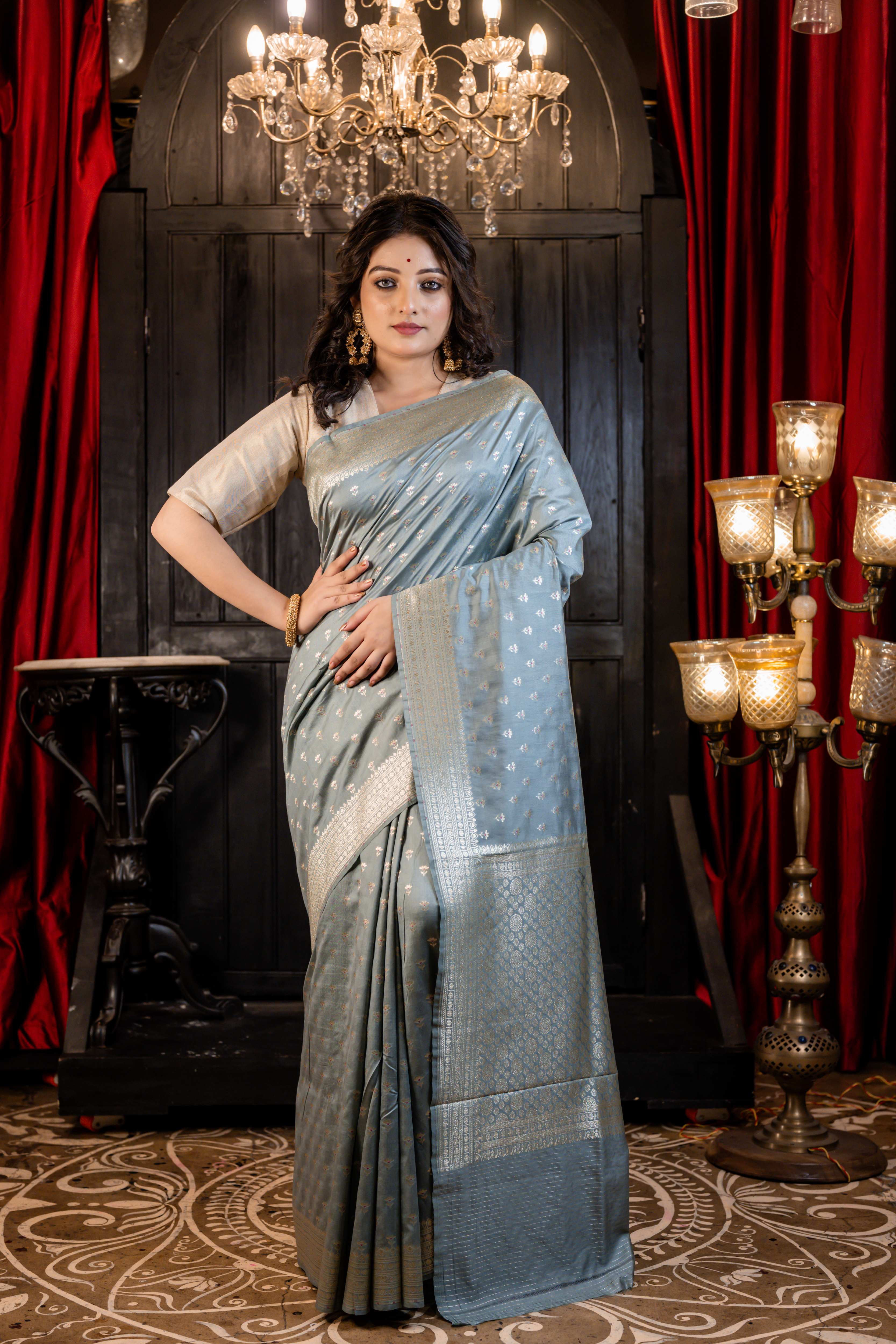 Ruhi || Grey Pure Munga Handloom Banarasi Saree with all over Matte Gold Zari Floral Buti and Meenakari highlights