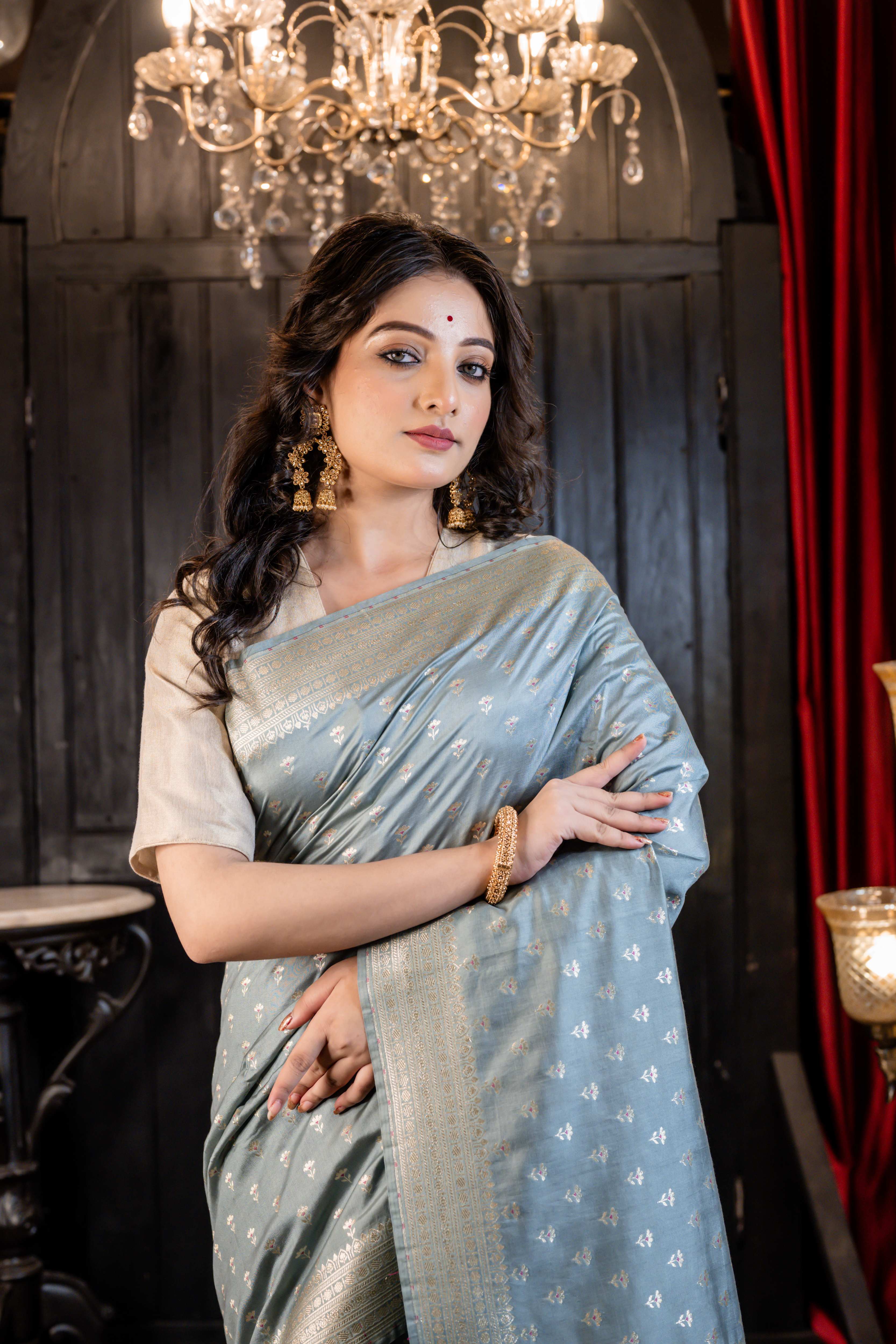 Ruhi || Grey Pure Munga Handloom Banarasi Saree with all over Matte Gold Zari Floral Buti and Meenakari highlights