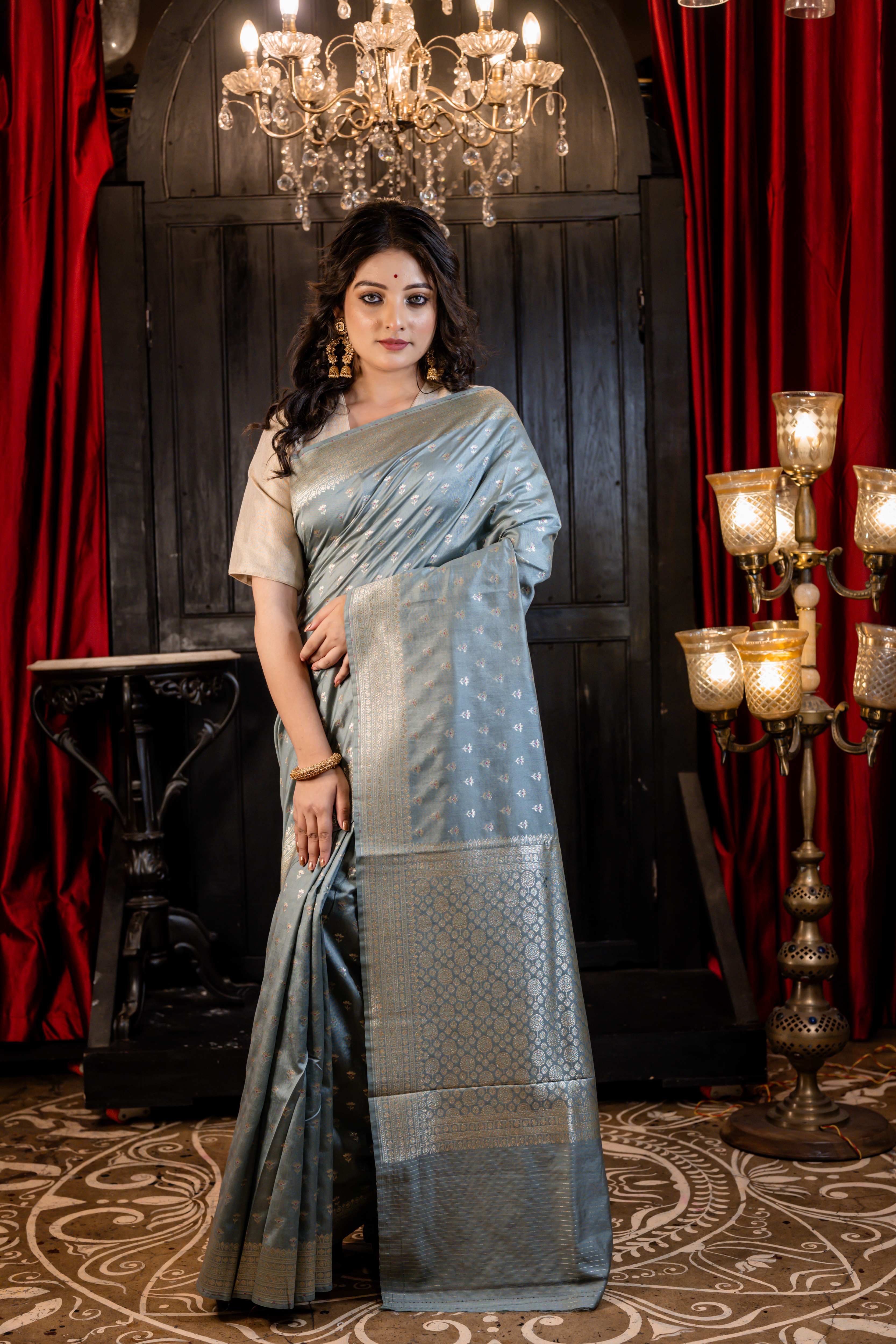 Ruhi || Grey Pure Munga Handloom Banarasi Saree with all over Matte Gold Zari Floral Buti and Meenakari highlights