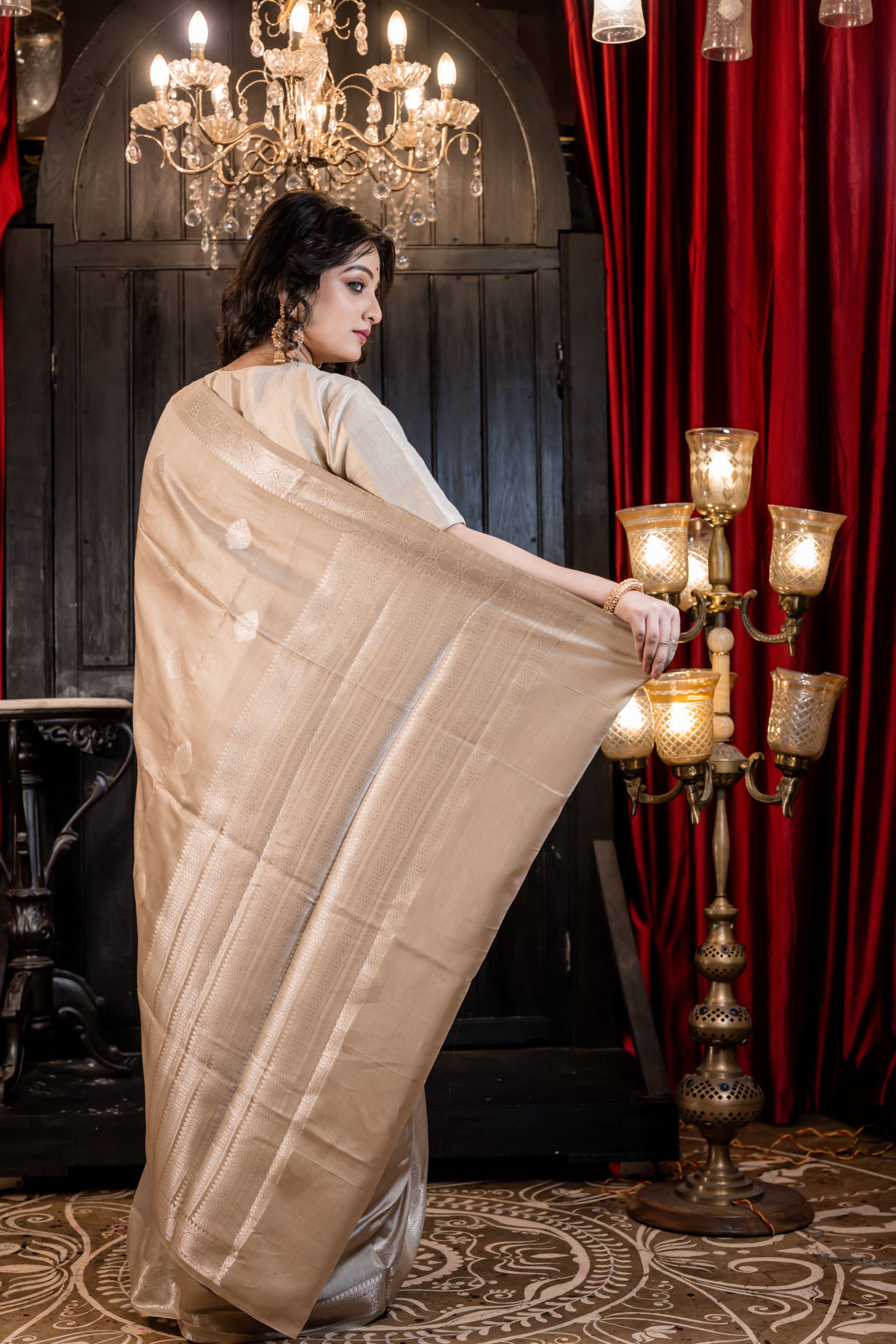 Sanaya || Light Taupe Brown Chinia Silk Banarasi Saree with all over Buta & Stripe Pallu woven in Silver Zari