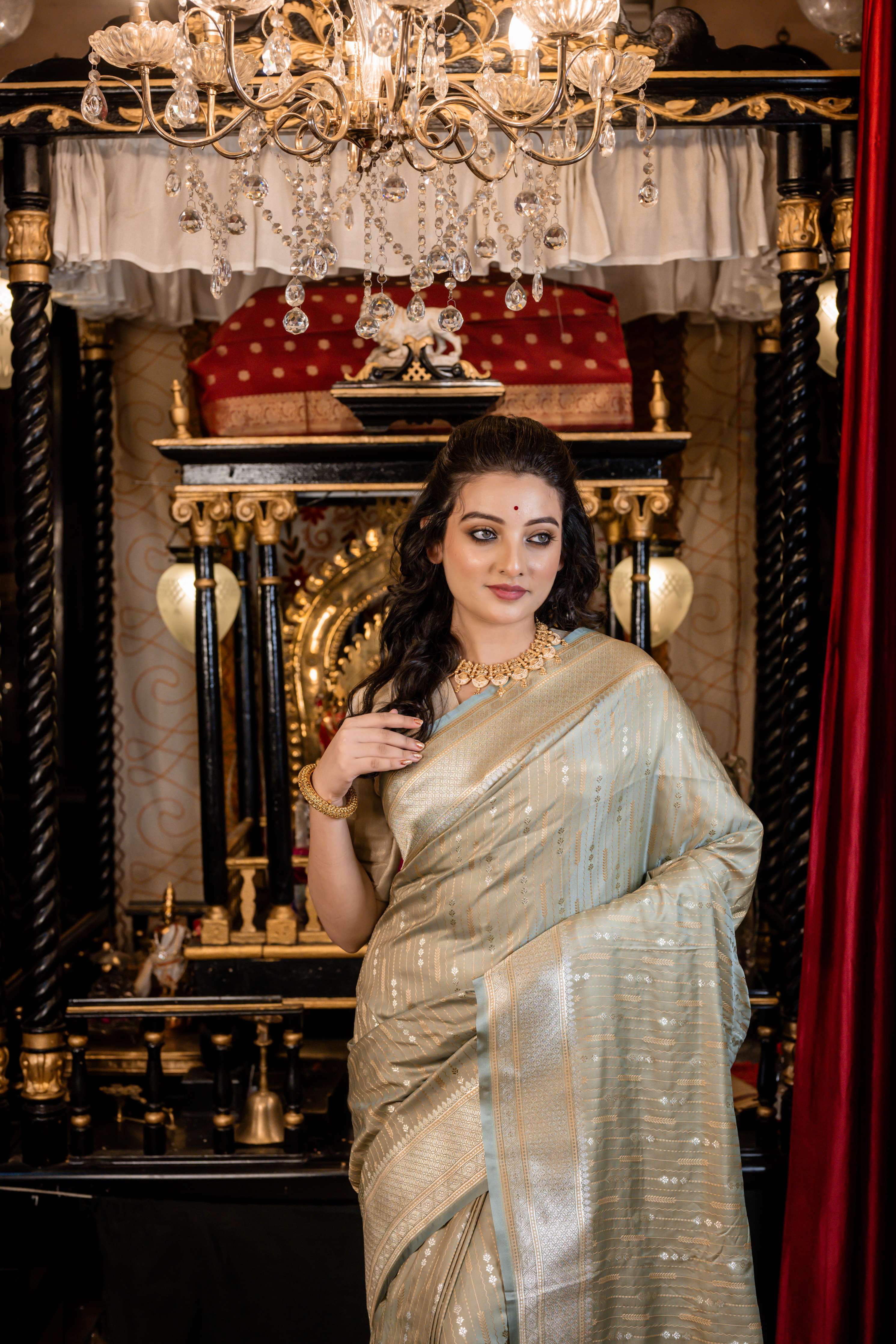 Lavina || Light Sage Green Mashru Silk Banarasi Saree with all over Buta and Stripes in Silver Zari