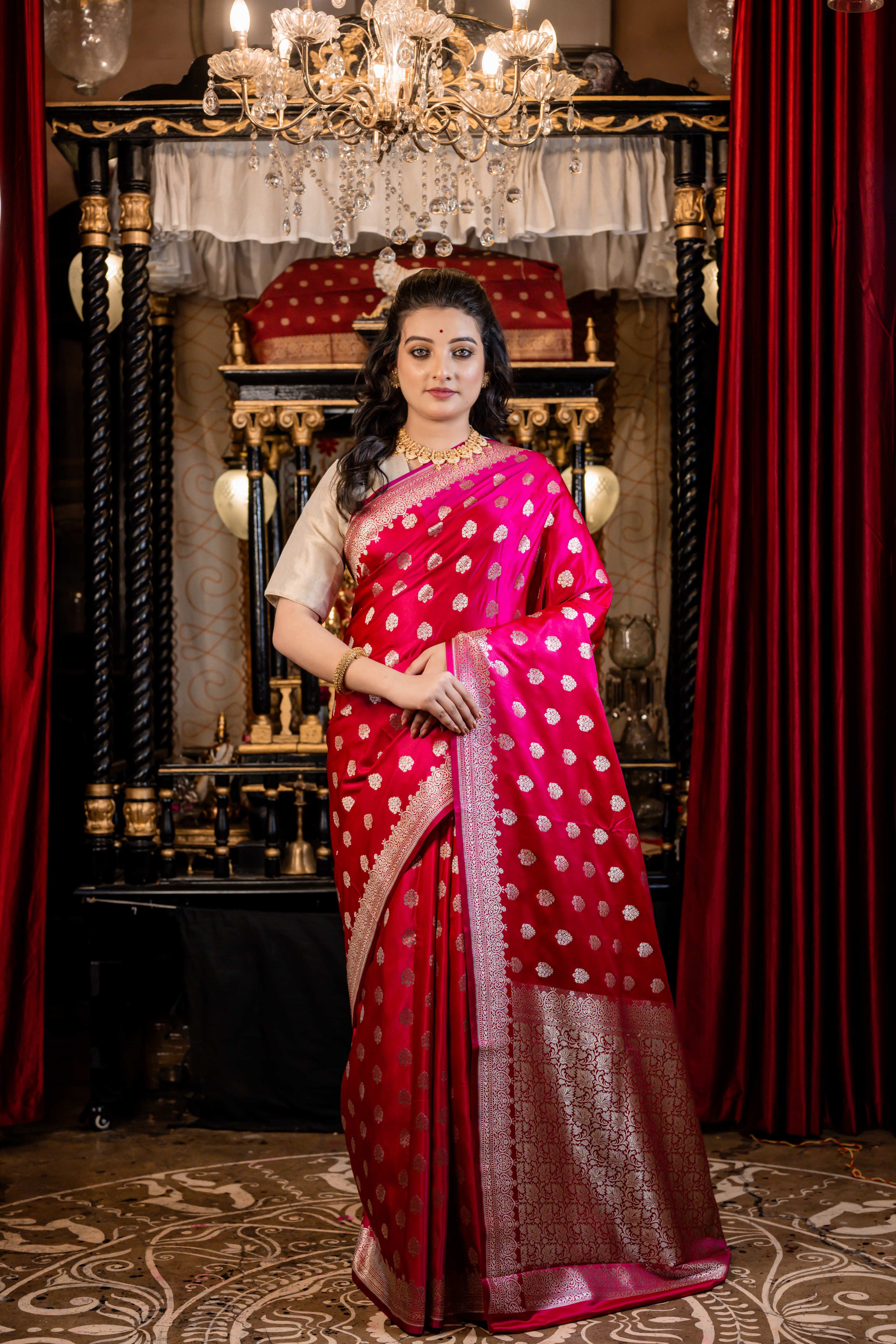 Suhasini || Magenta Mashru Silk Banarasi Saree with all over Buta and Border in Silver Zari
