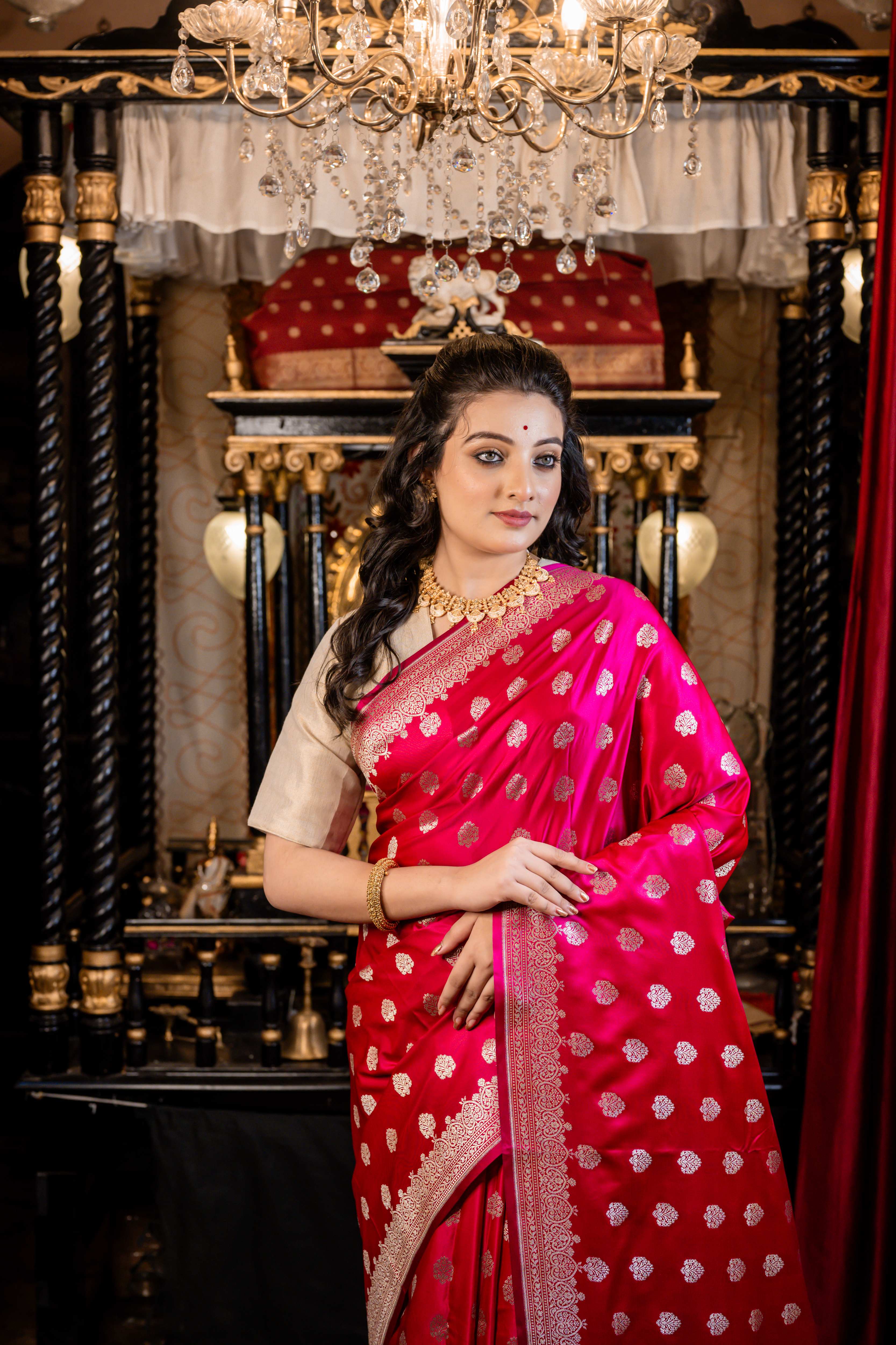 Suhasini || Magenta Mashru Silk Banarasi Saree with all over Buta and Border in Silver Zari