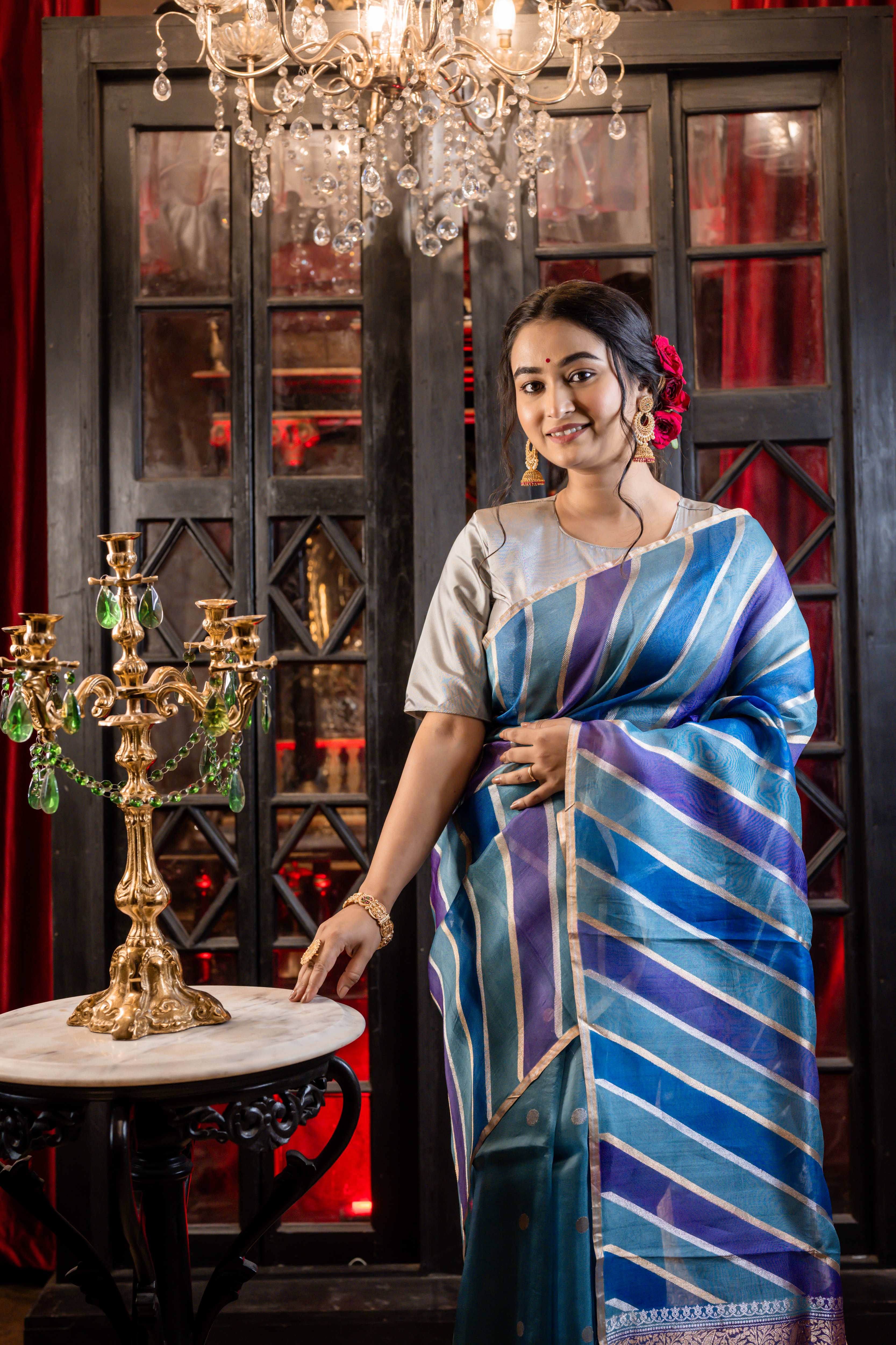 Megha || Dusty Blue, Violet & Indigo Blue Rangkaat Kora Silk Handloom Banarasi Saree with half & half 'Sona-Rupa' Zari Kadhua Buta and Stripes