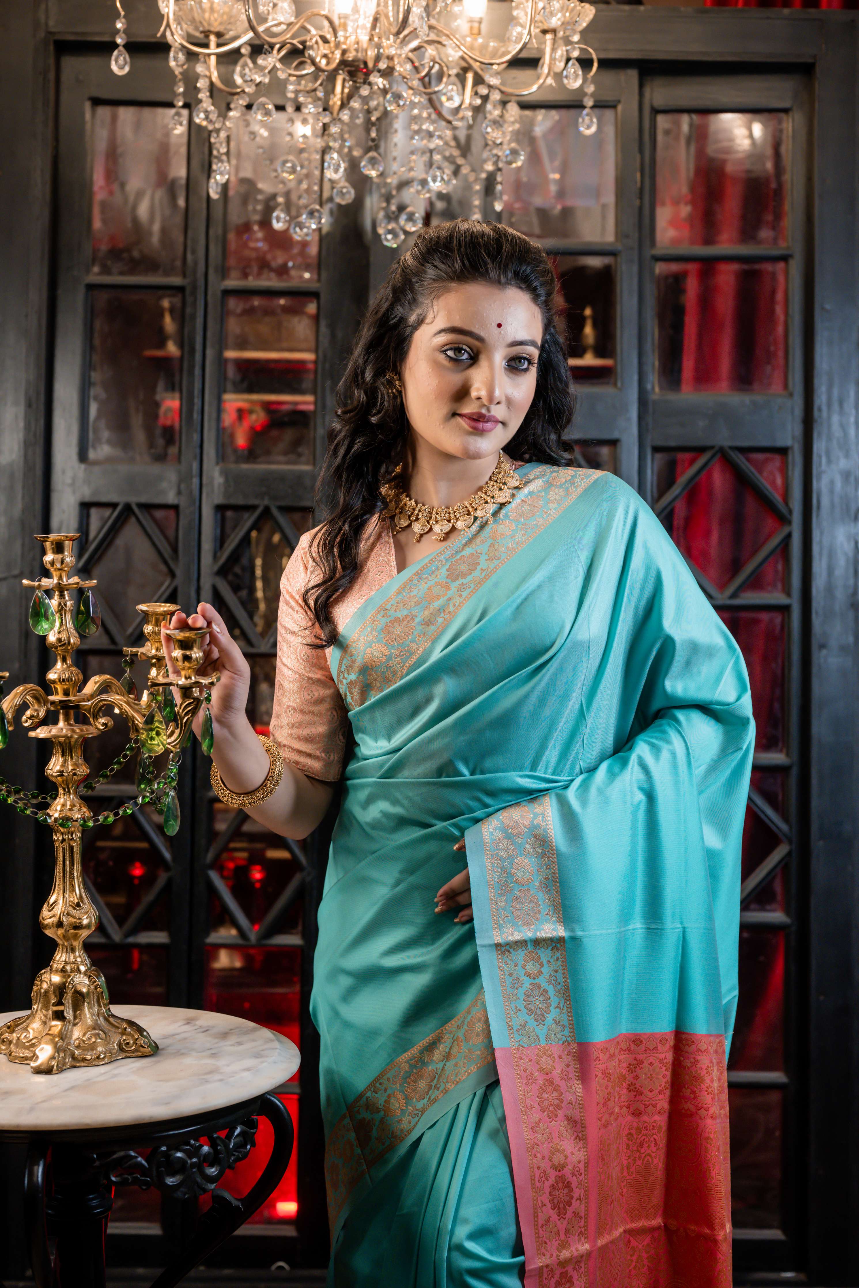 Sindhuja || Aqua Green Plain Body Soft Silk Banarasi Saree with Matte Gold & Copper Resham Floral motif Border and Dark Rose Pink Pallu