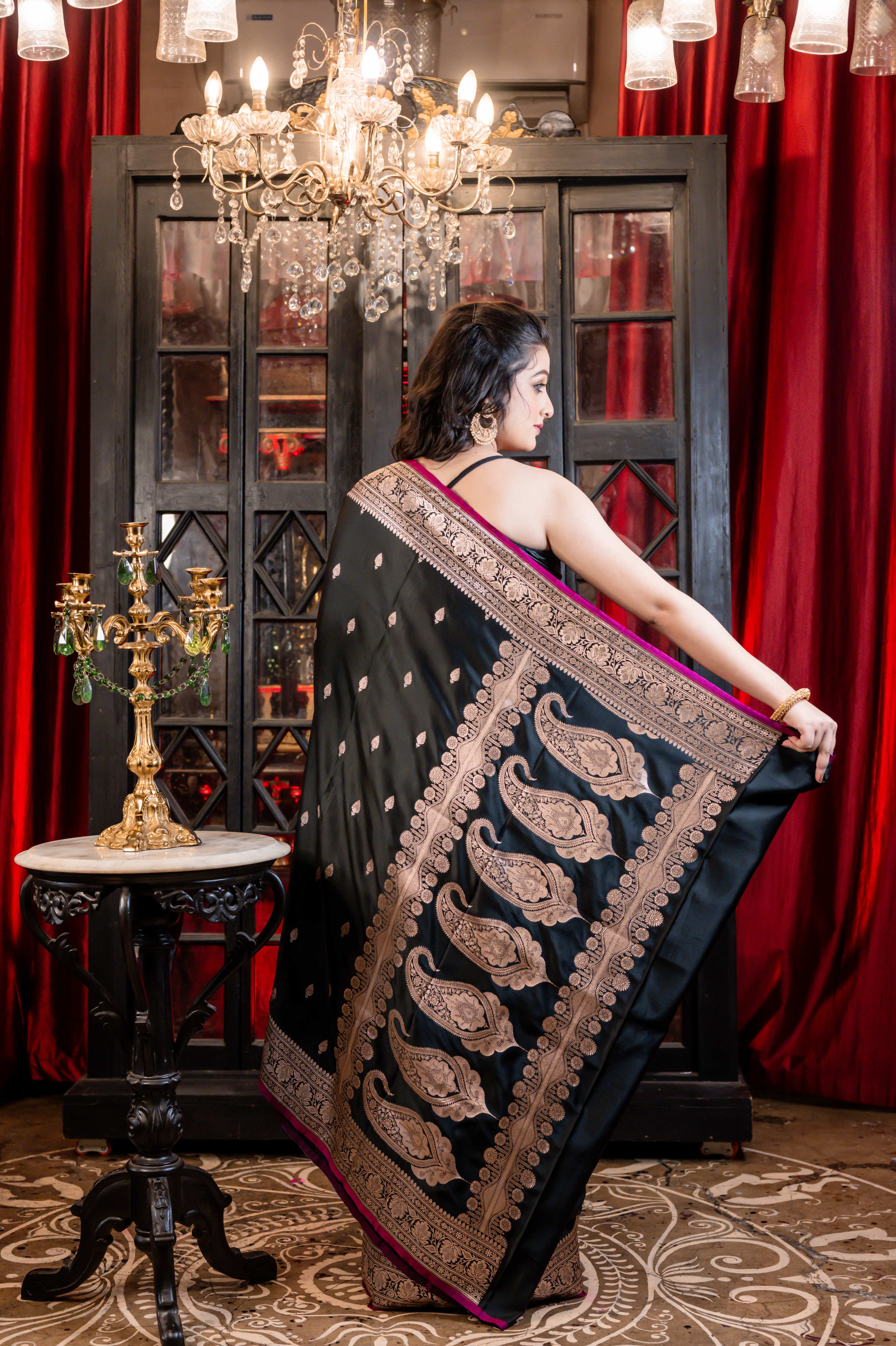 Yamini || Black Banarasi Mashru Silk Banarasi Saree with all over Copper Zari Buta and sleek Magenta border