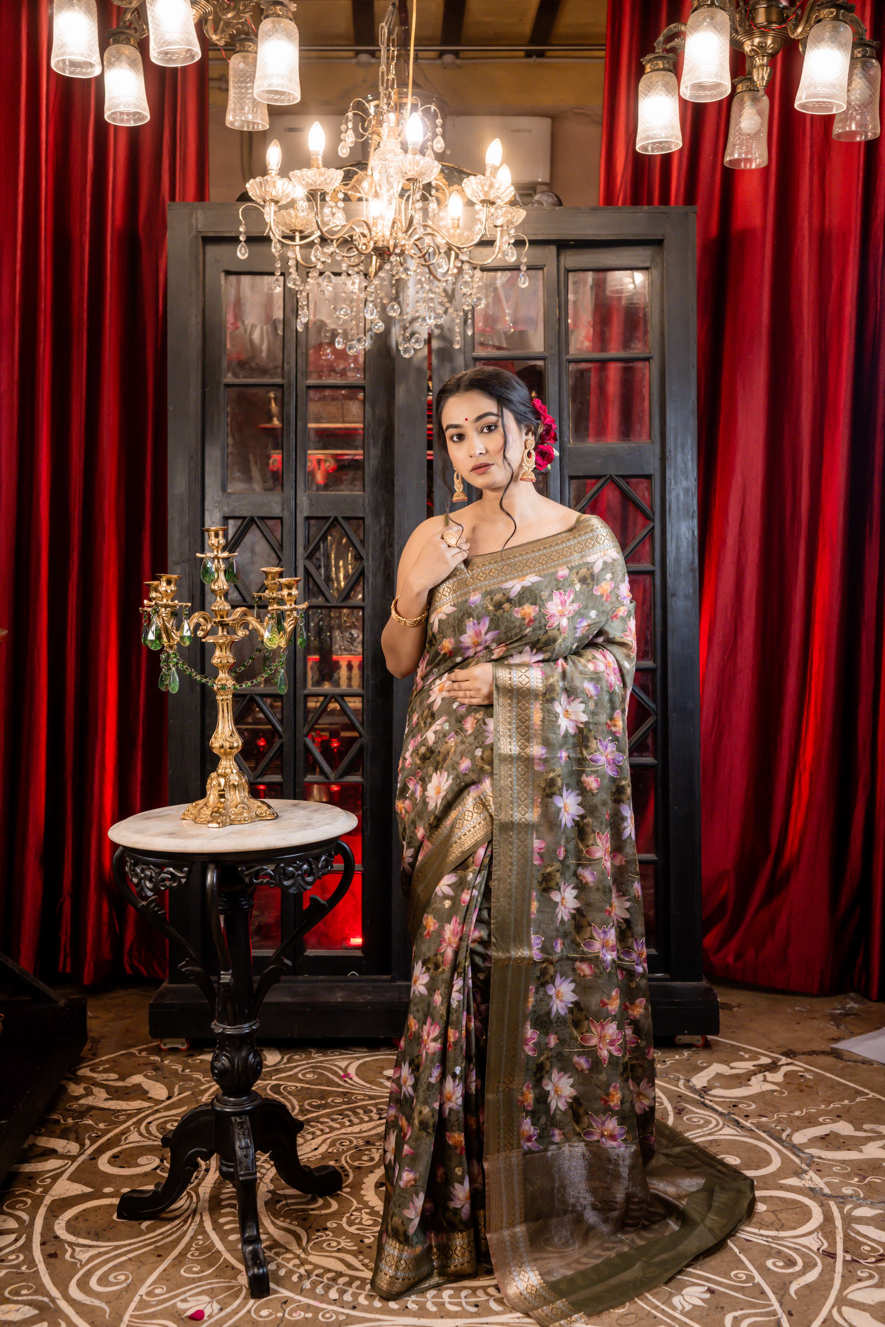 Kumud || Moss Green Chanderi blend Banarasi Saree with all over Floral Digital Print and Sona Rupa Buta with Mirror & Gold Zari highlights