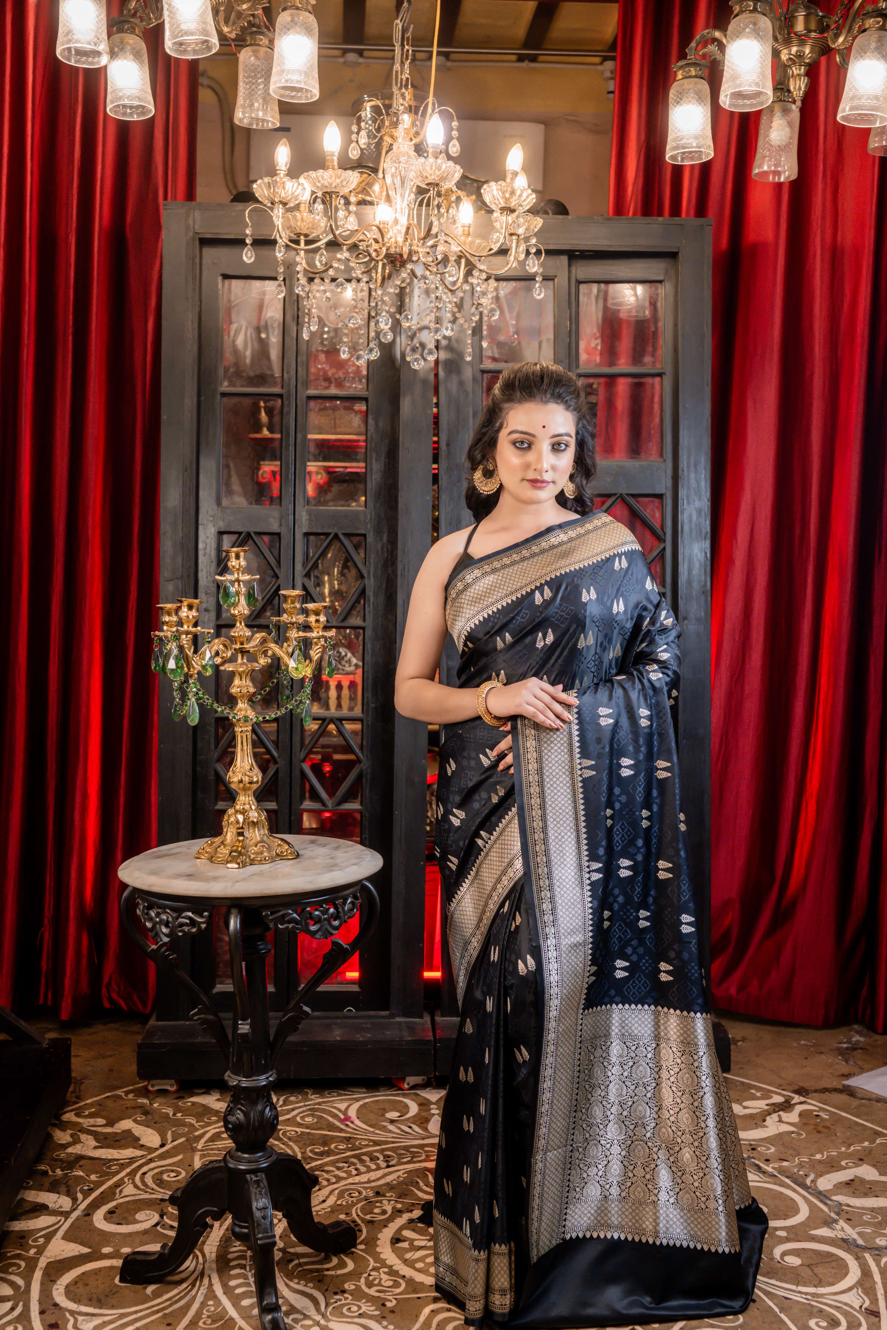 Nishitha || Black Mashru Silk Banarasi Saree with all over Buta and Border in Silver Zari