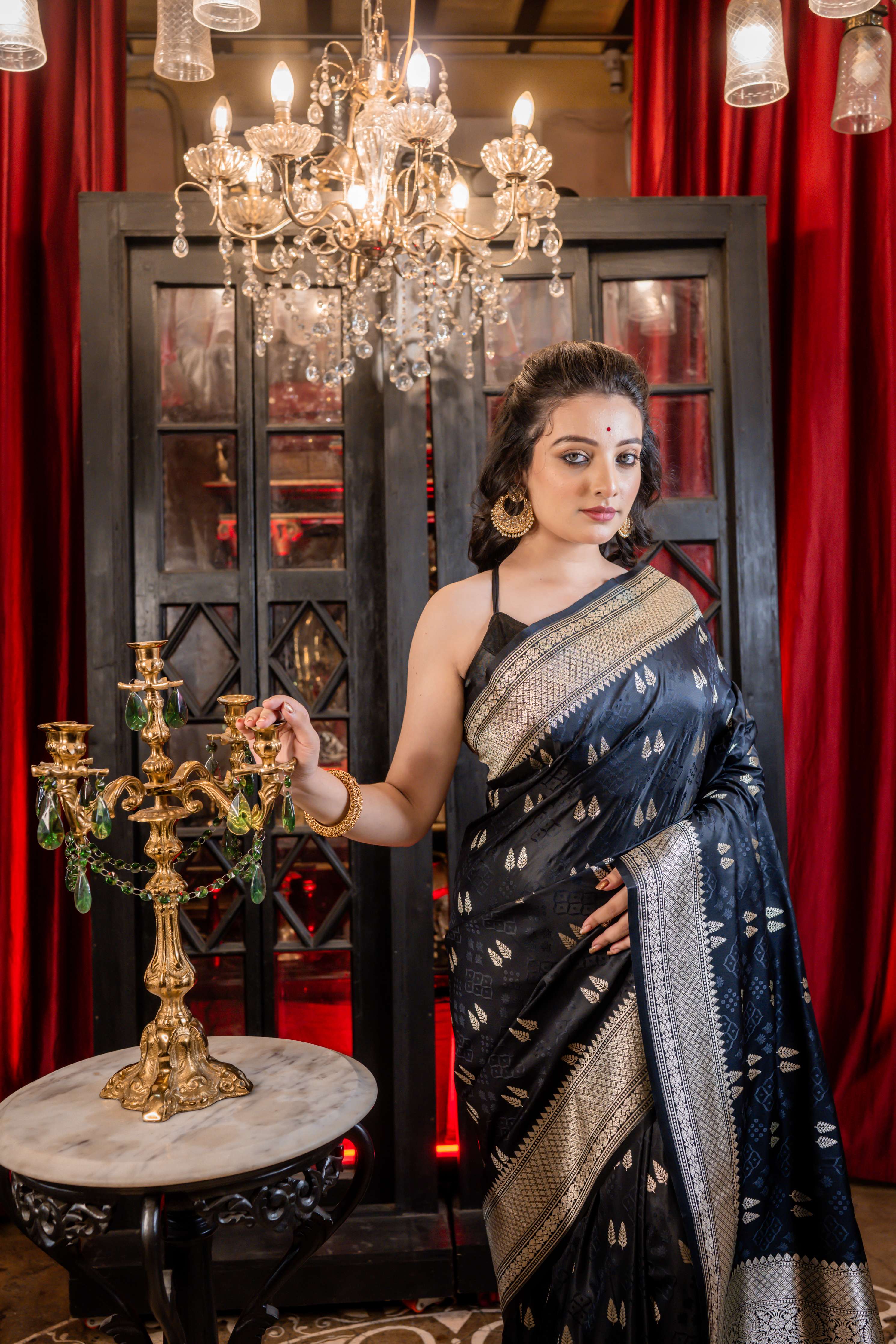 Nishitha || Black Mashru Silk Banarasi Saree with all over Buta and Border in Silver Zari