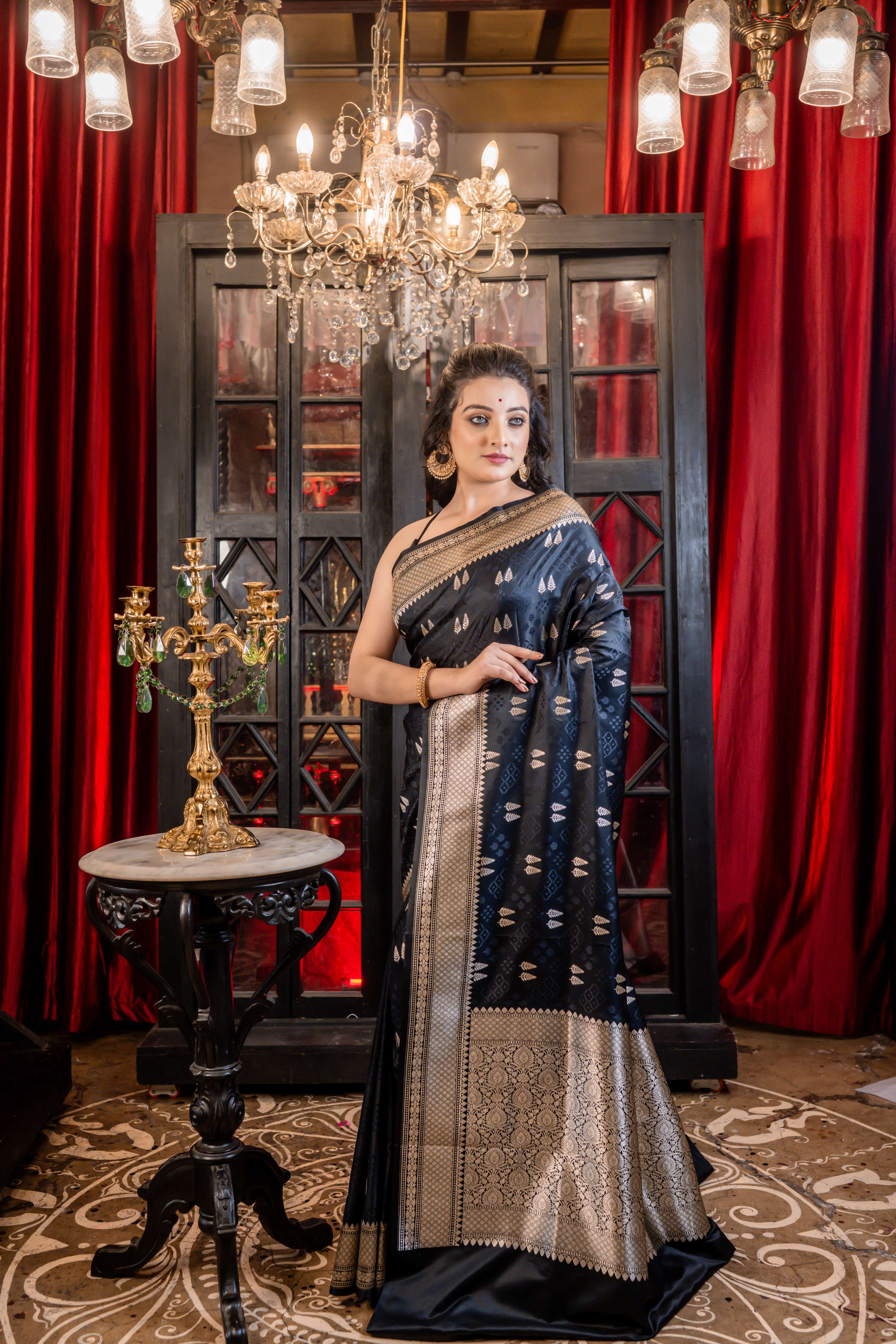 Nishitha || Black Mashru Silk Banarasi Saree with all over Buta and Border in Silver Zari