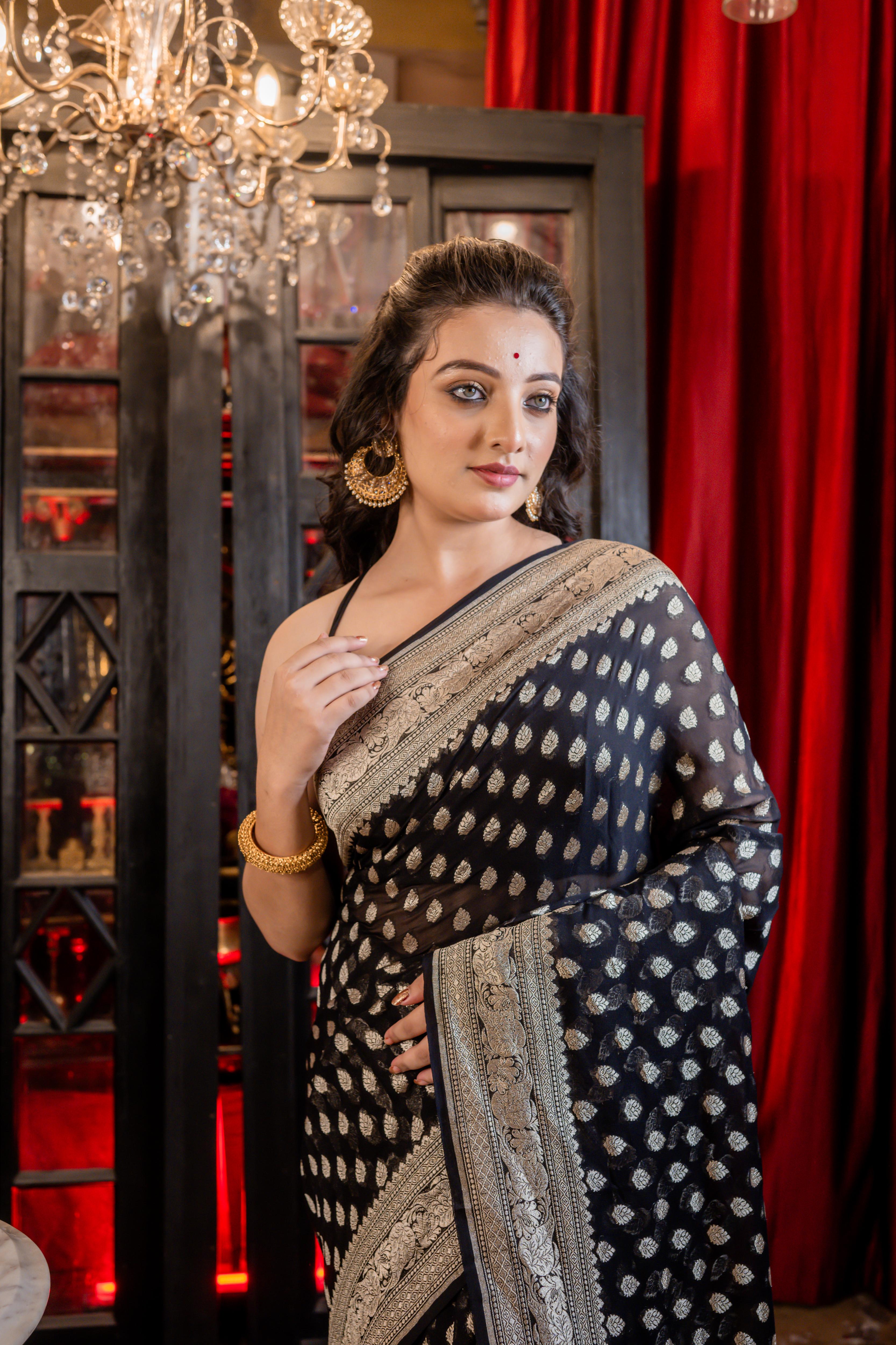 Advika || Black Khaddi Georgette Banarasi Saree with all over Silver Zari Buti