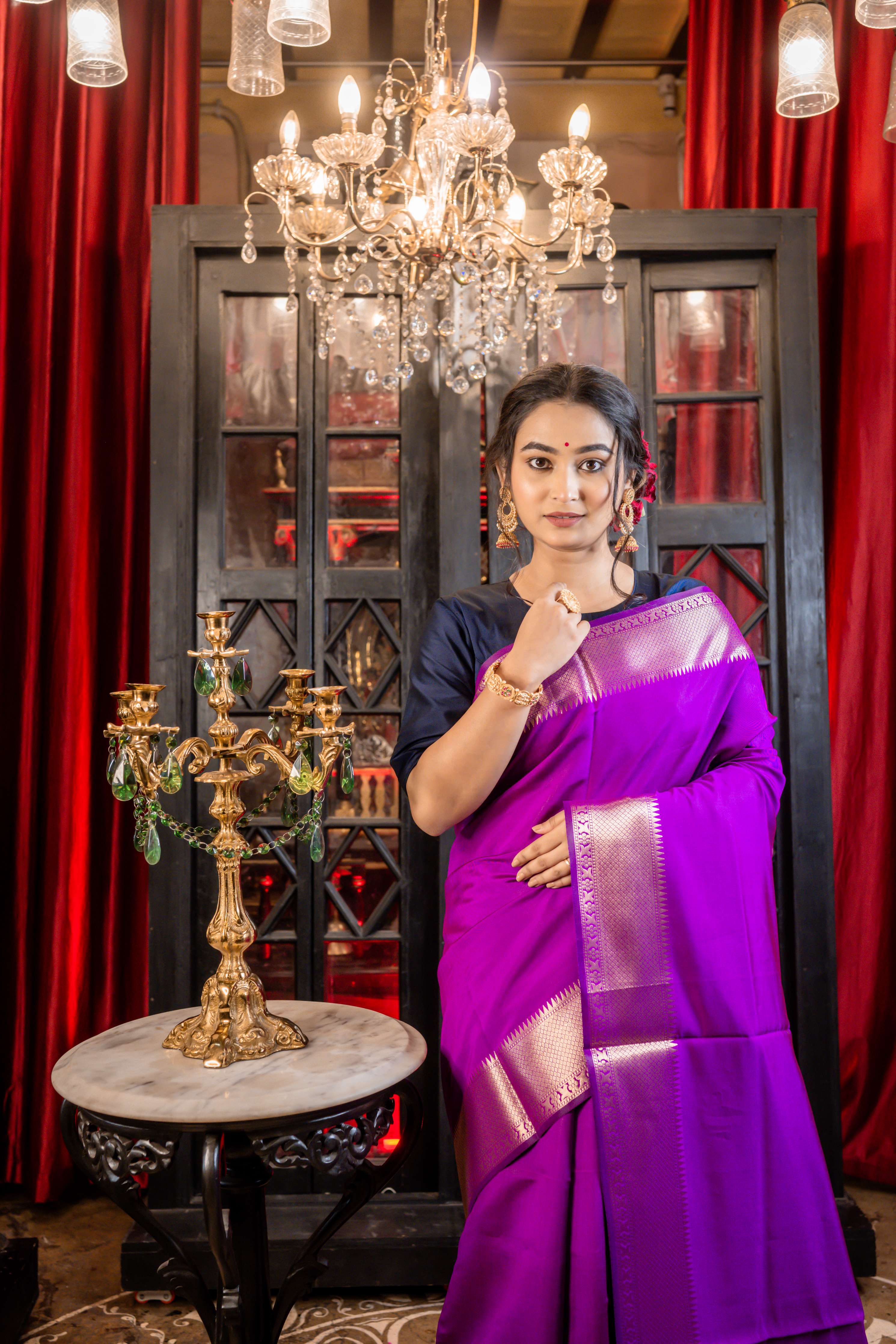 Amita || Purple Plain Body-Brocade Border Soft Katan Banarasi Saree with Navy Blue & Matte Gold Brocade Pallu