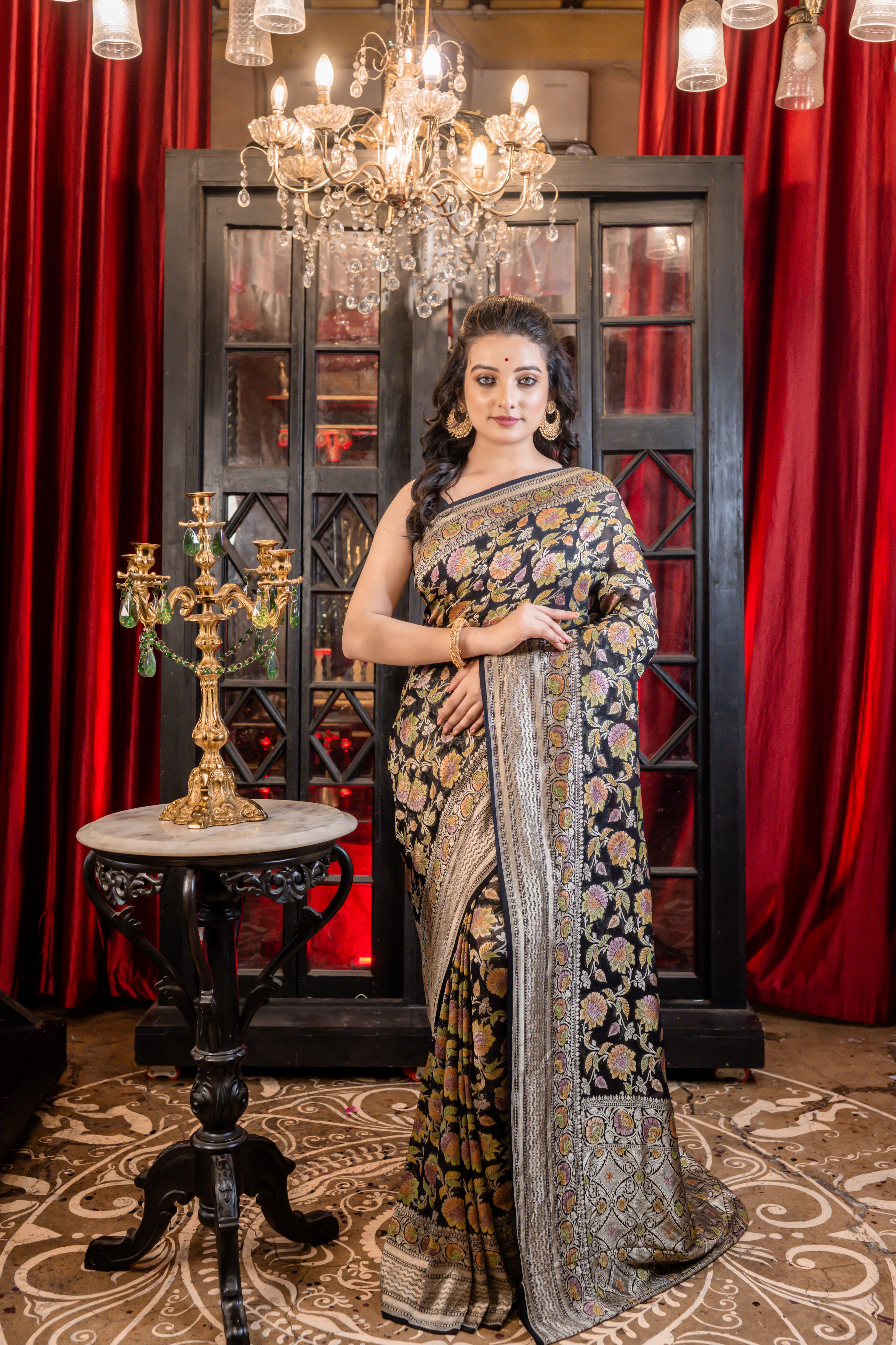 Ilyana || Black Khaddi Georgette Banarasi Saree with all over Rifling Handbrush Multi-colour & Antique Silver Zari Floral motif Jangla