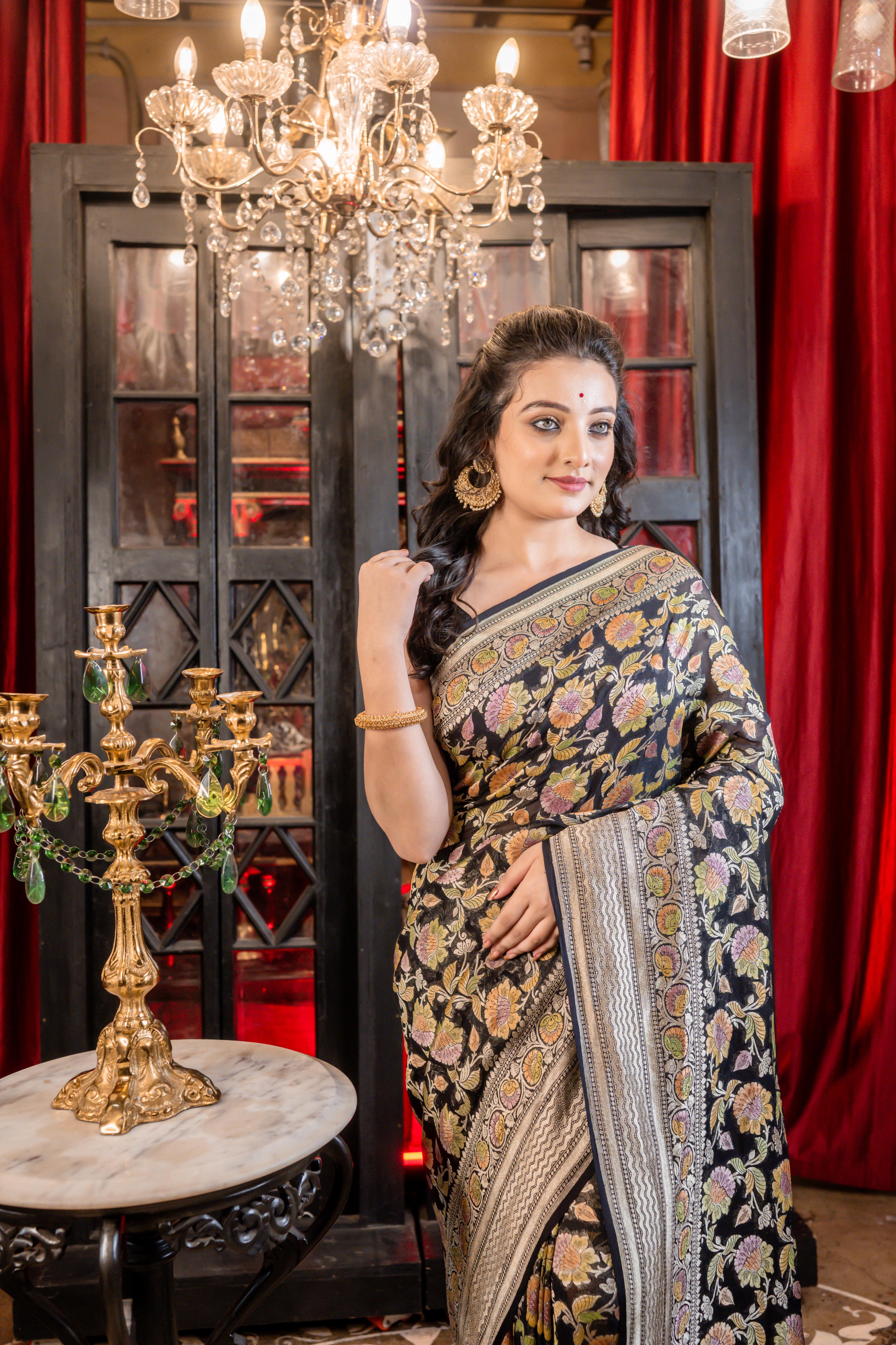 Ilyana || Black Khaddi Georgette Banarasi Saree with all over Rifling Handbrush Multi-colour & Antique Silver Zari Floral motif Jangla