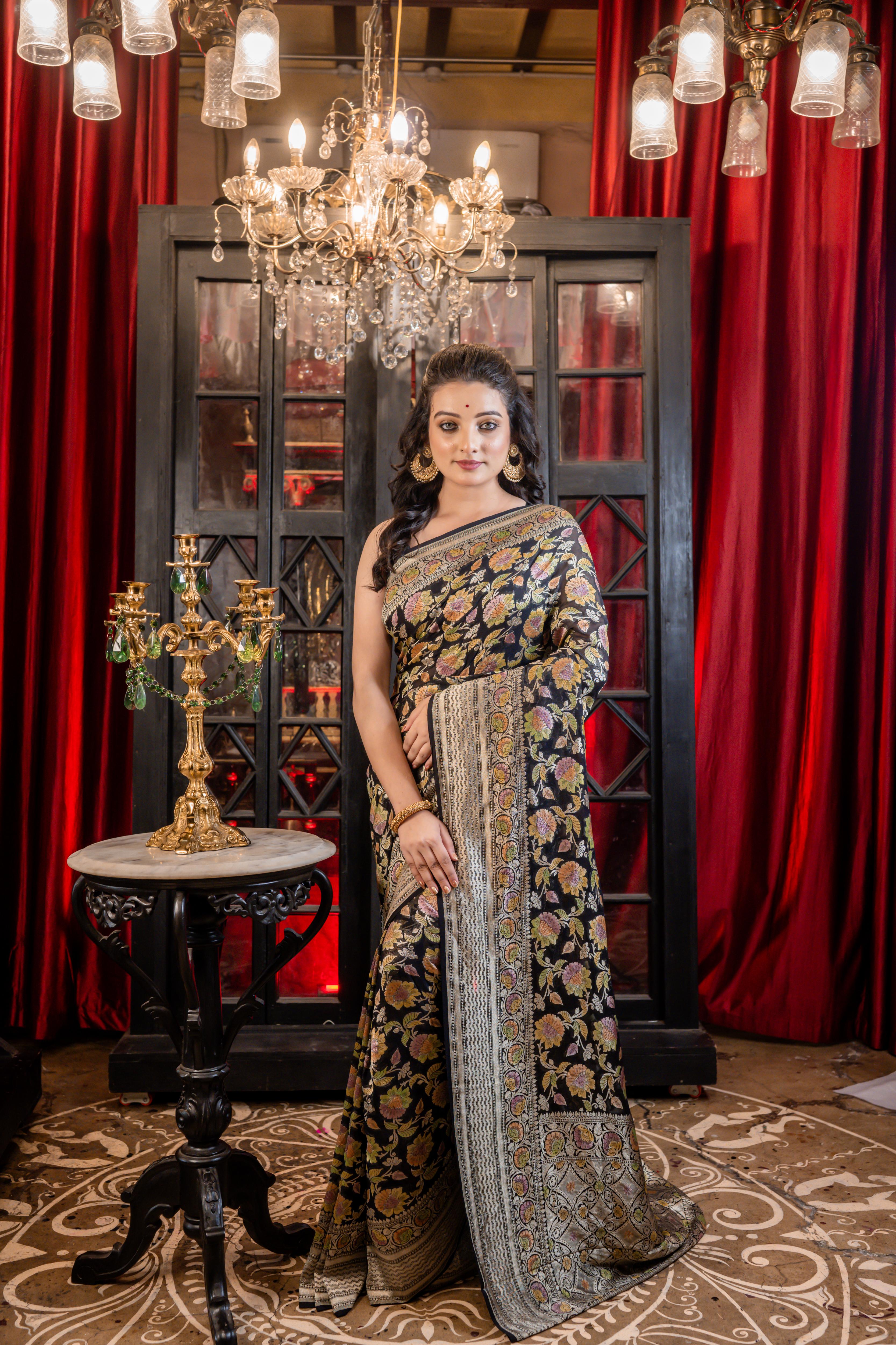 Ilyana || Black Khaddi Georgette Banarasi Saree with all over Rifling Handbrush Multi-colour & Antique Silver Zari Floral motif Jangla