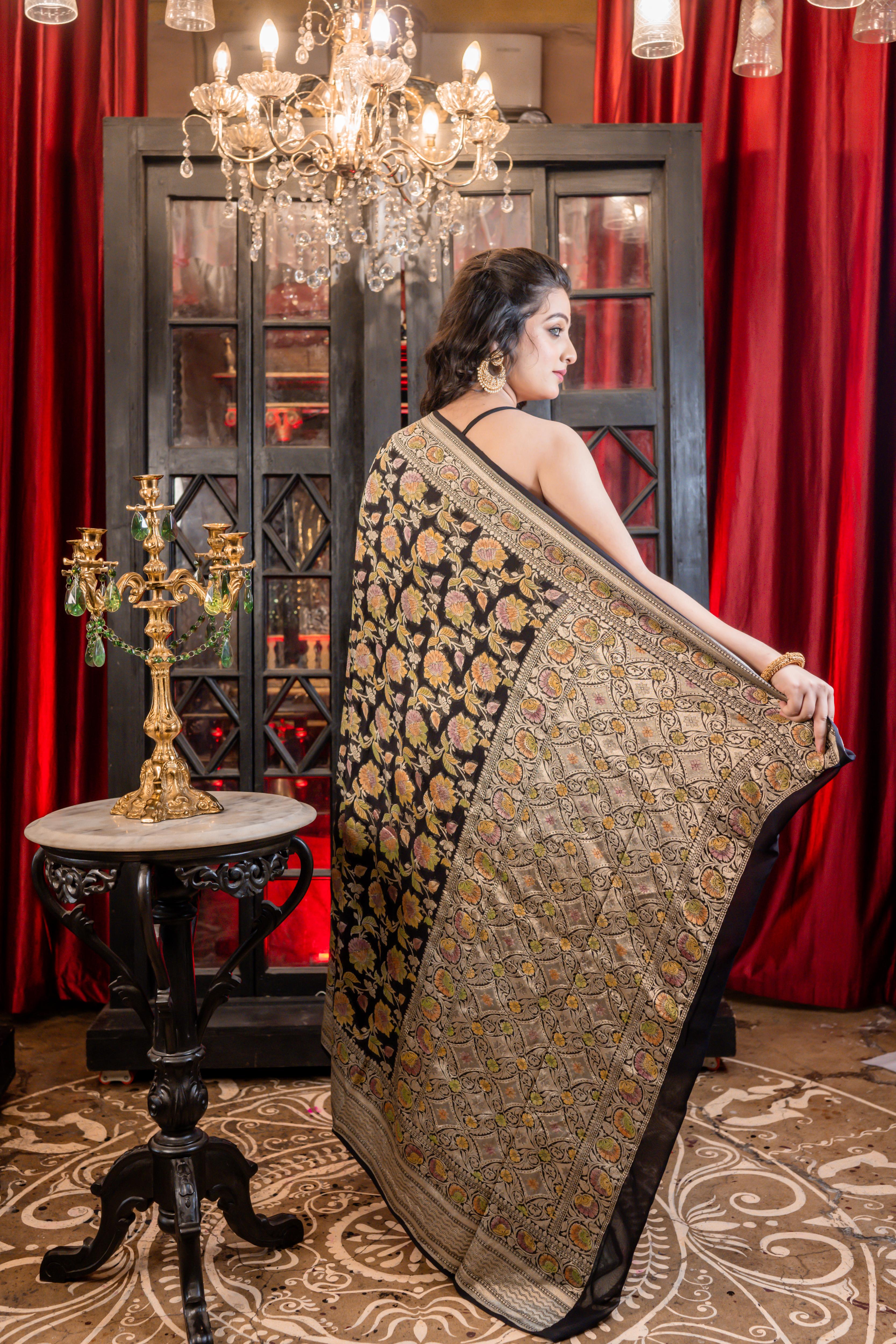 Ilyana || Black Khaddi Georgette Banarasi Saree with all over Rifling Handbrush Multi-colour & Antique Silver Zari Floral motif Jangla