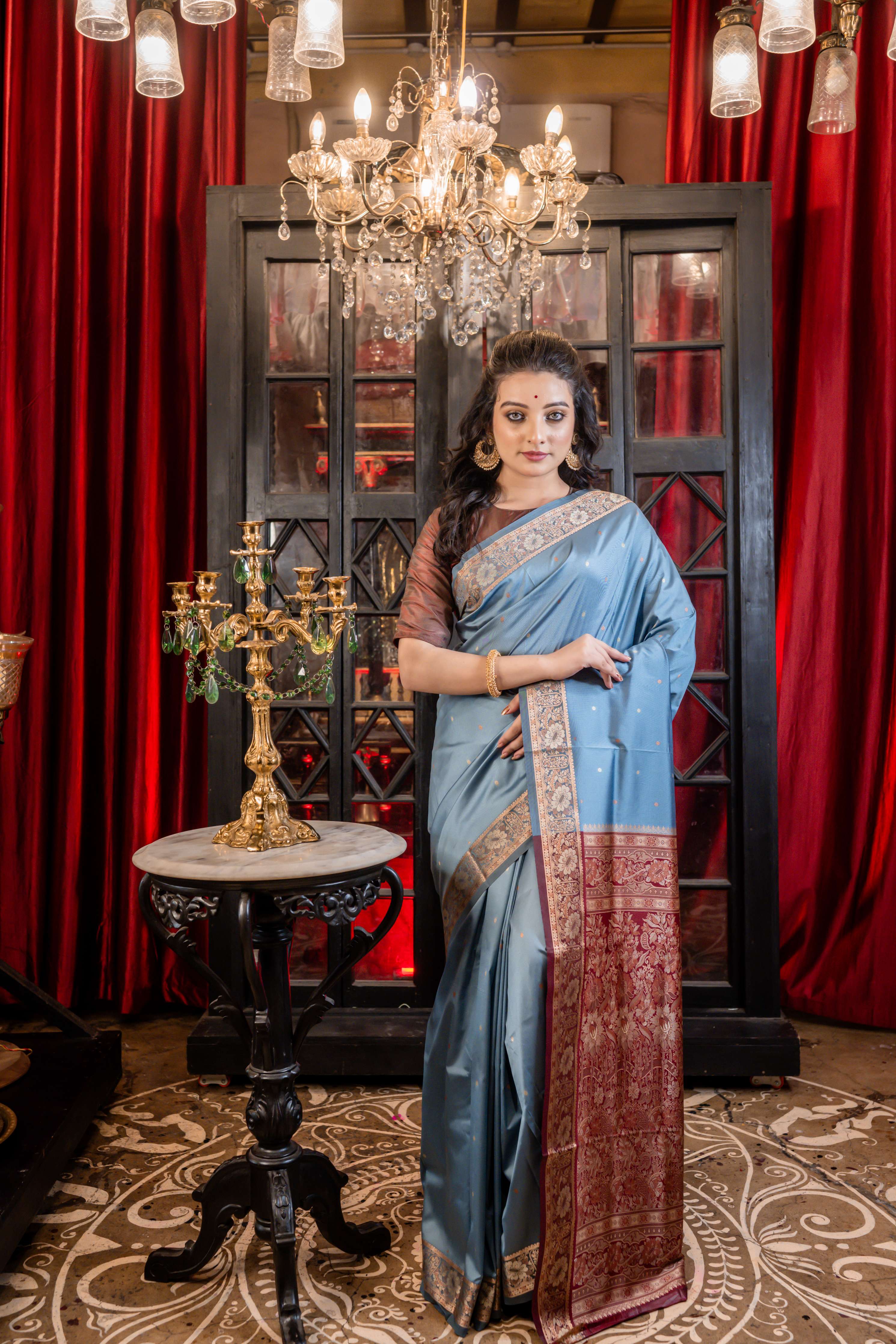 Dhara || Dusty Blue Soft Silk Banarasi Saree with all over Beige & Copper Resham Buta and light Maroon border & Pallu