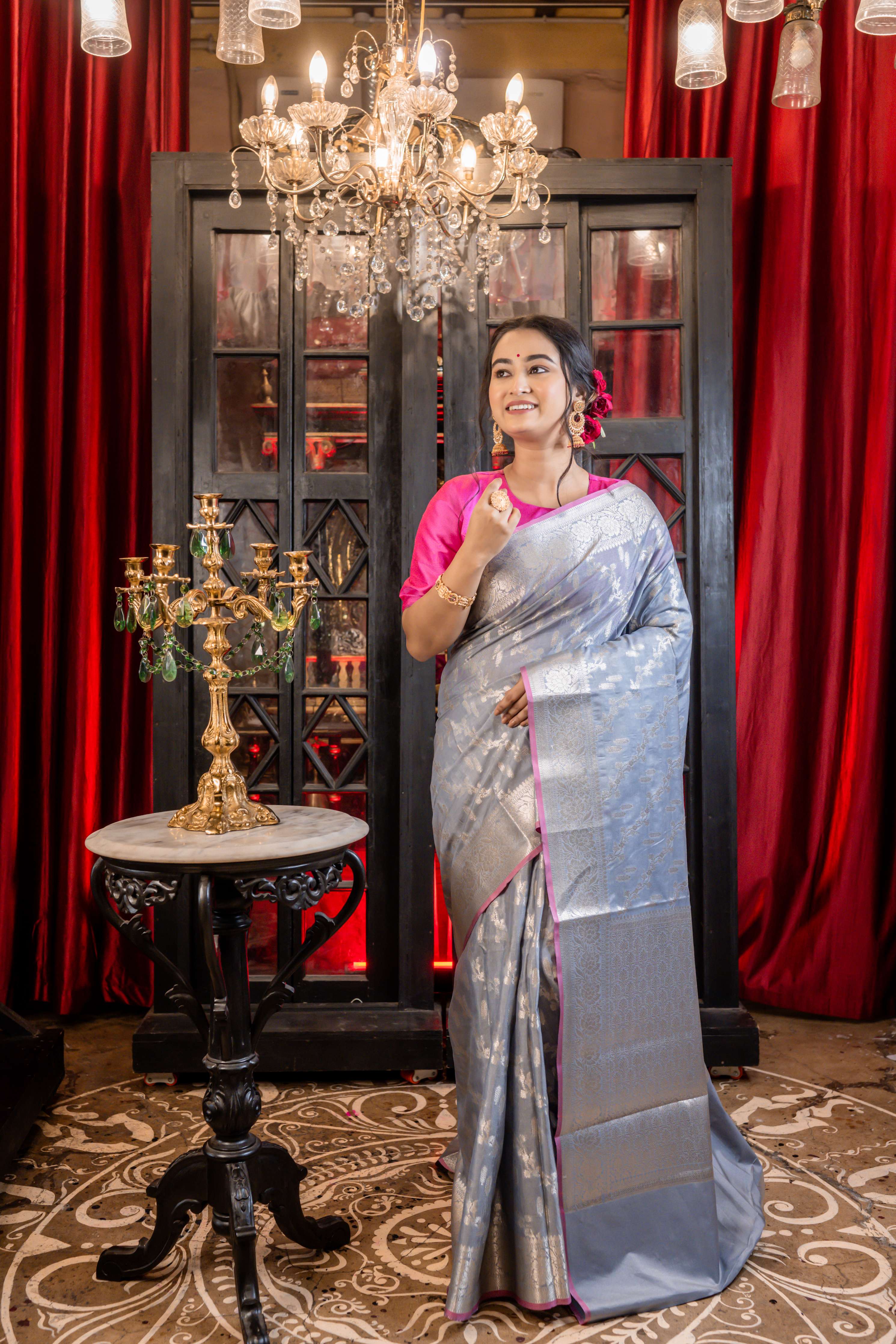 Meghal || Grey Cotton Silk Banarasi Saree All Over Jaal & Buta in Silver Zari