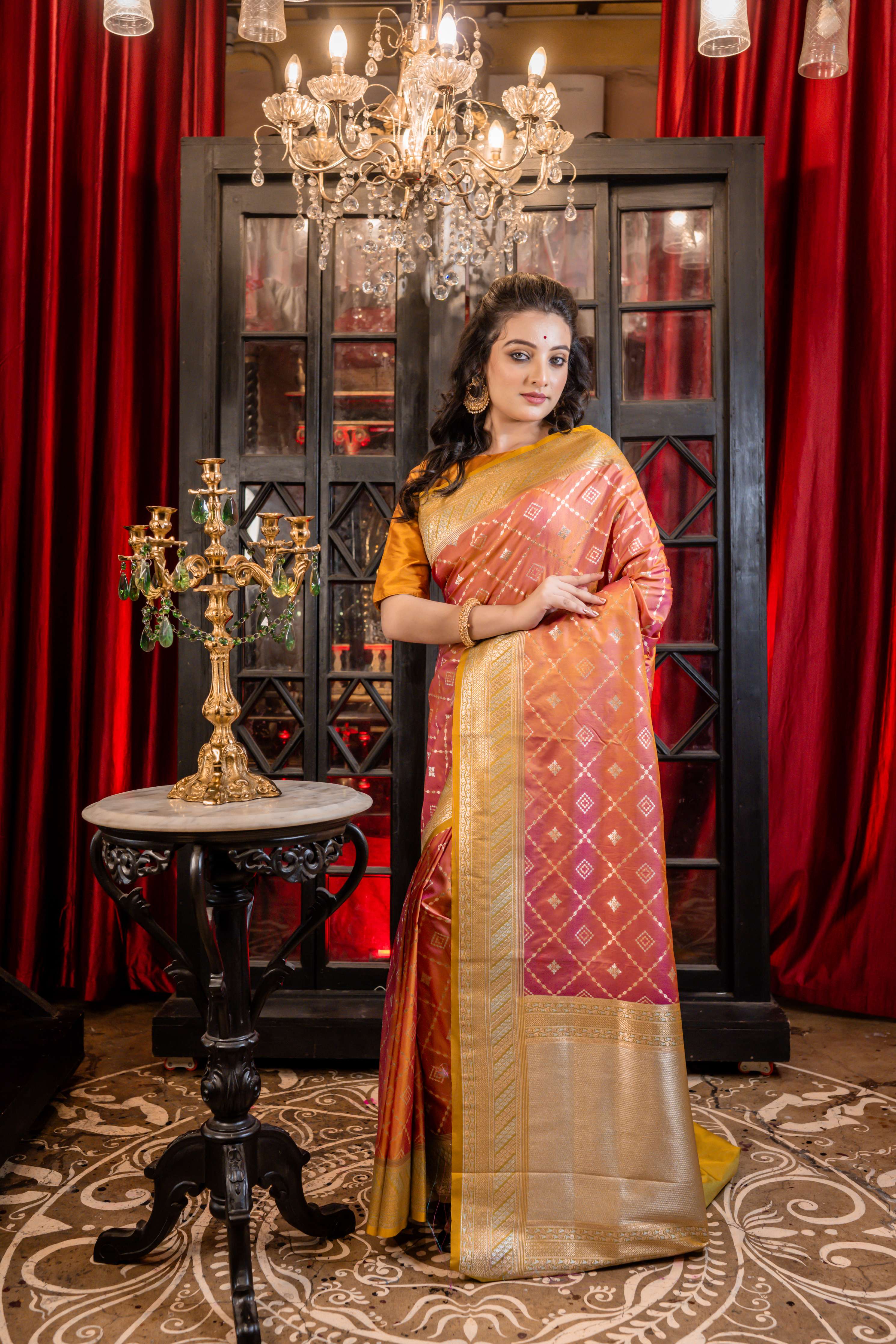 Ashika || Metallic Mustard Yellow & Onion Pink dual-tone Soft Katan Banarasi Saree with all over Sona Rupa Zari Jaal and Buta in Box pattern