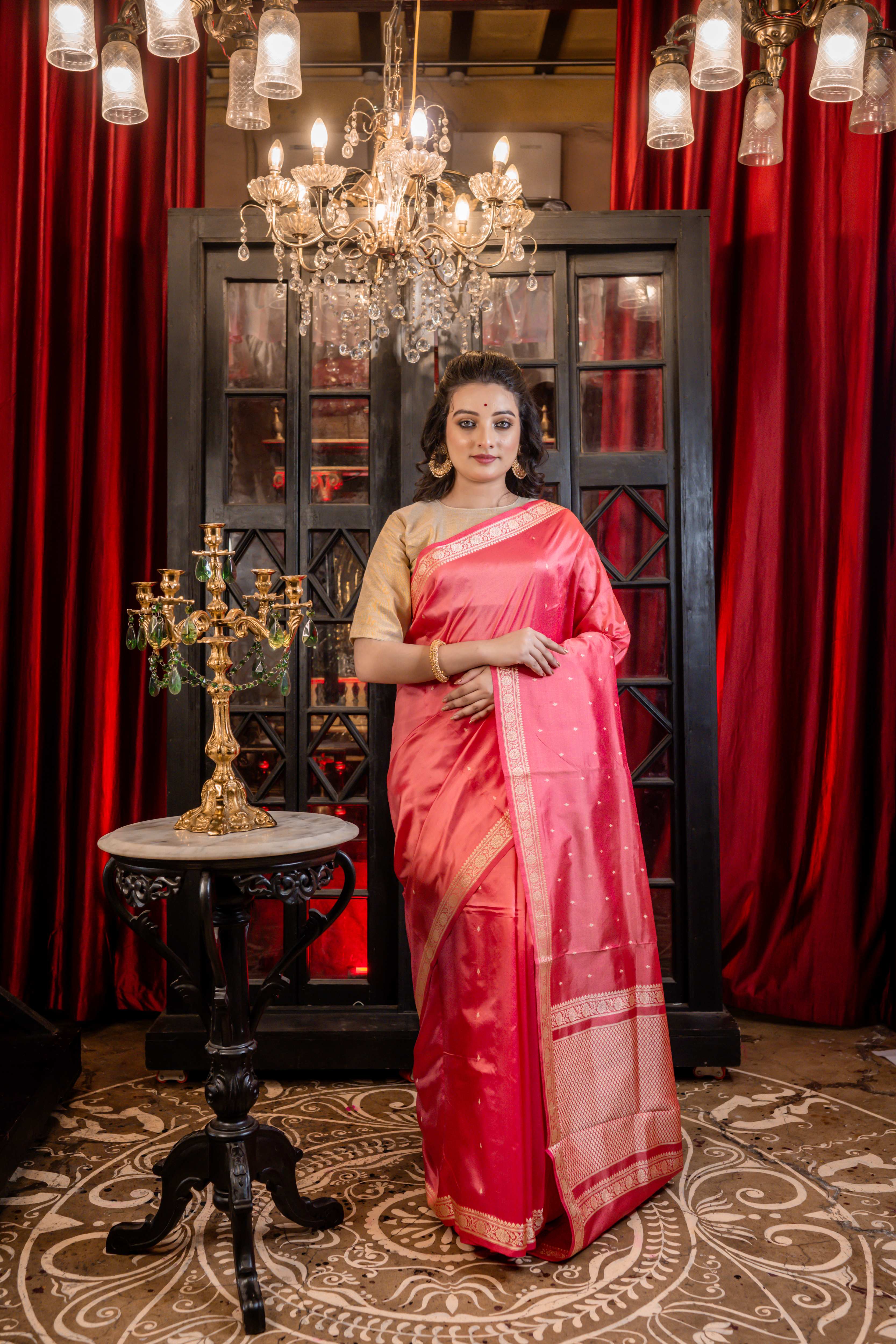 Kusumita || Rose Pink Pure Katan Handloom Banarasi Saree with all over Resham Buti