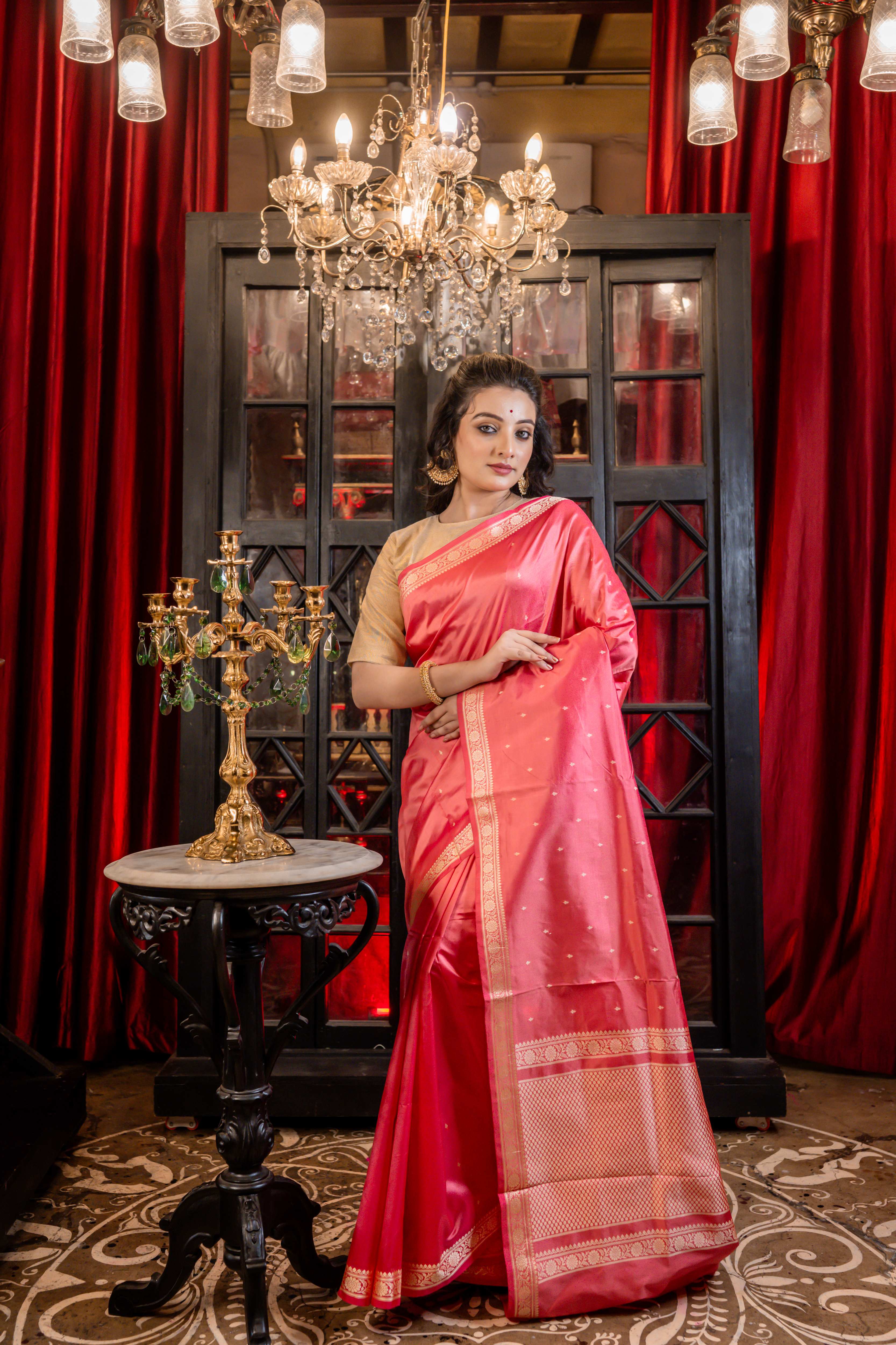 Kusumita || Rose Pink Pure Katan Handloom Banarasi Saree with all over Resham Buti